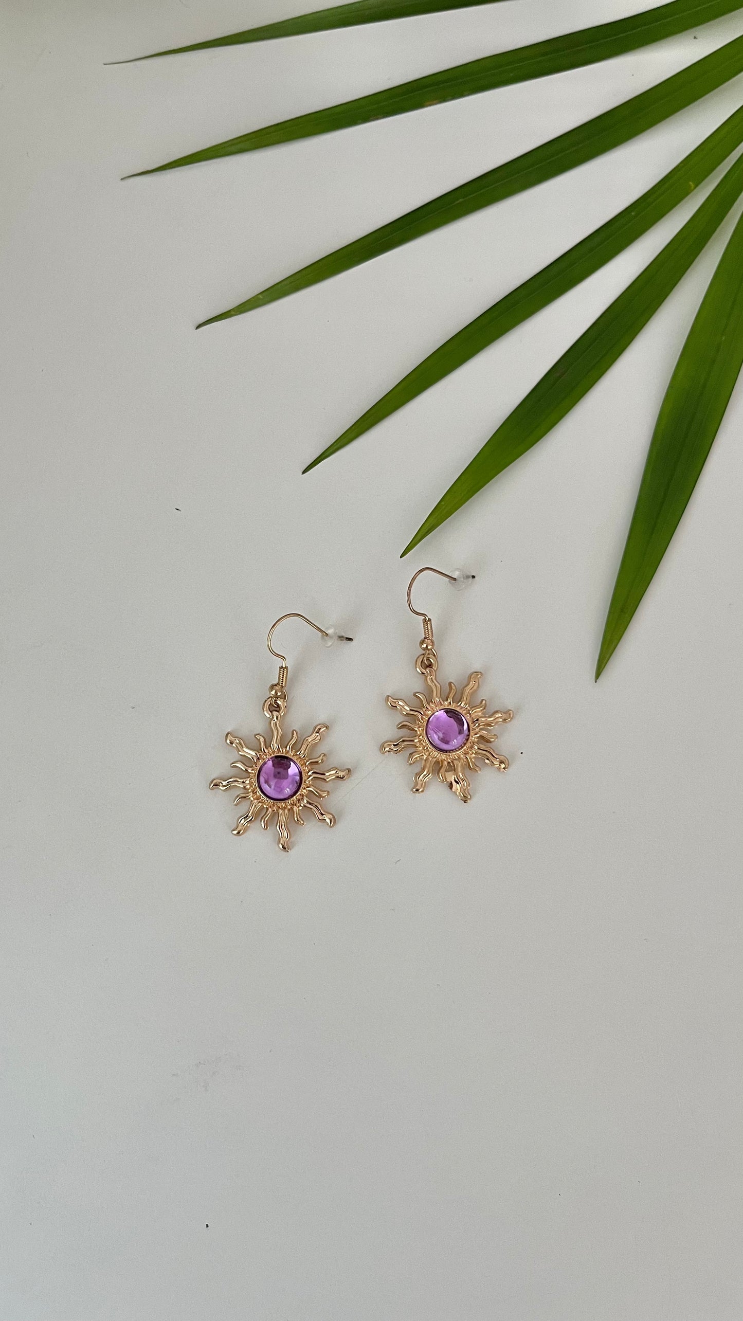 Gold Purple Stone Sun Earrings