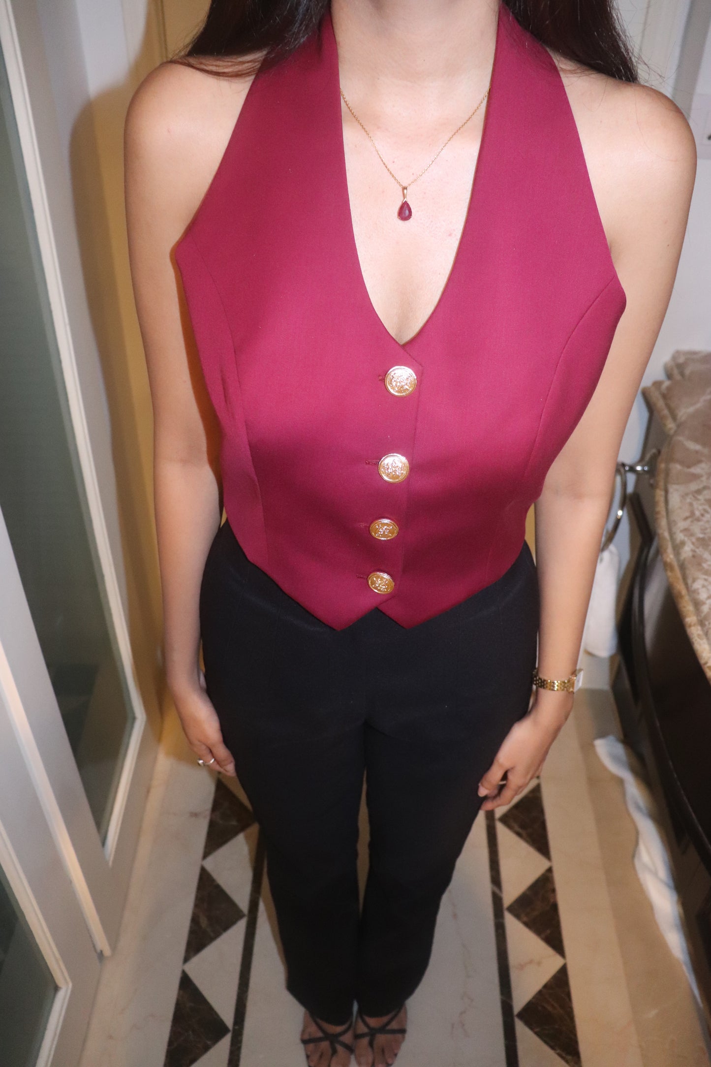 Cherry Red Halter Neck Waistcoat