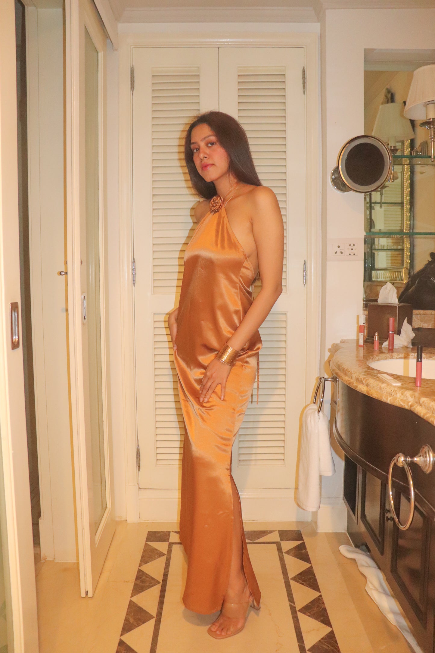 Golden Brown Satin Halter Dress