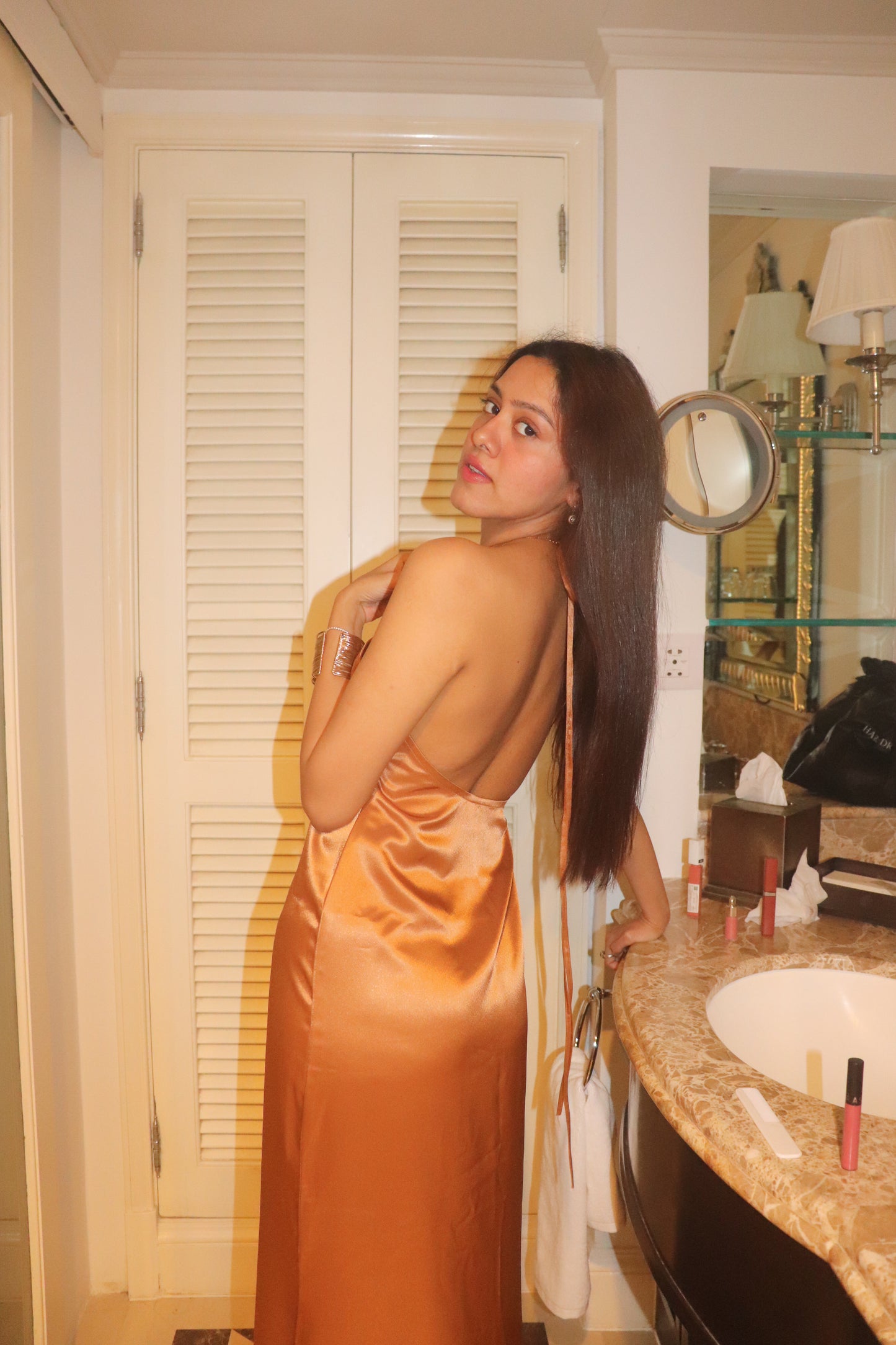 Golden Brown Satin Halter Dress
