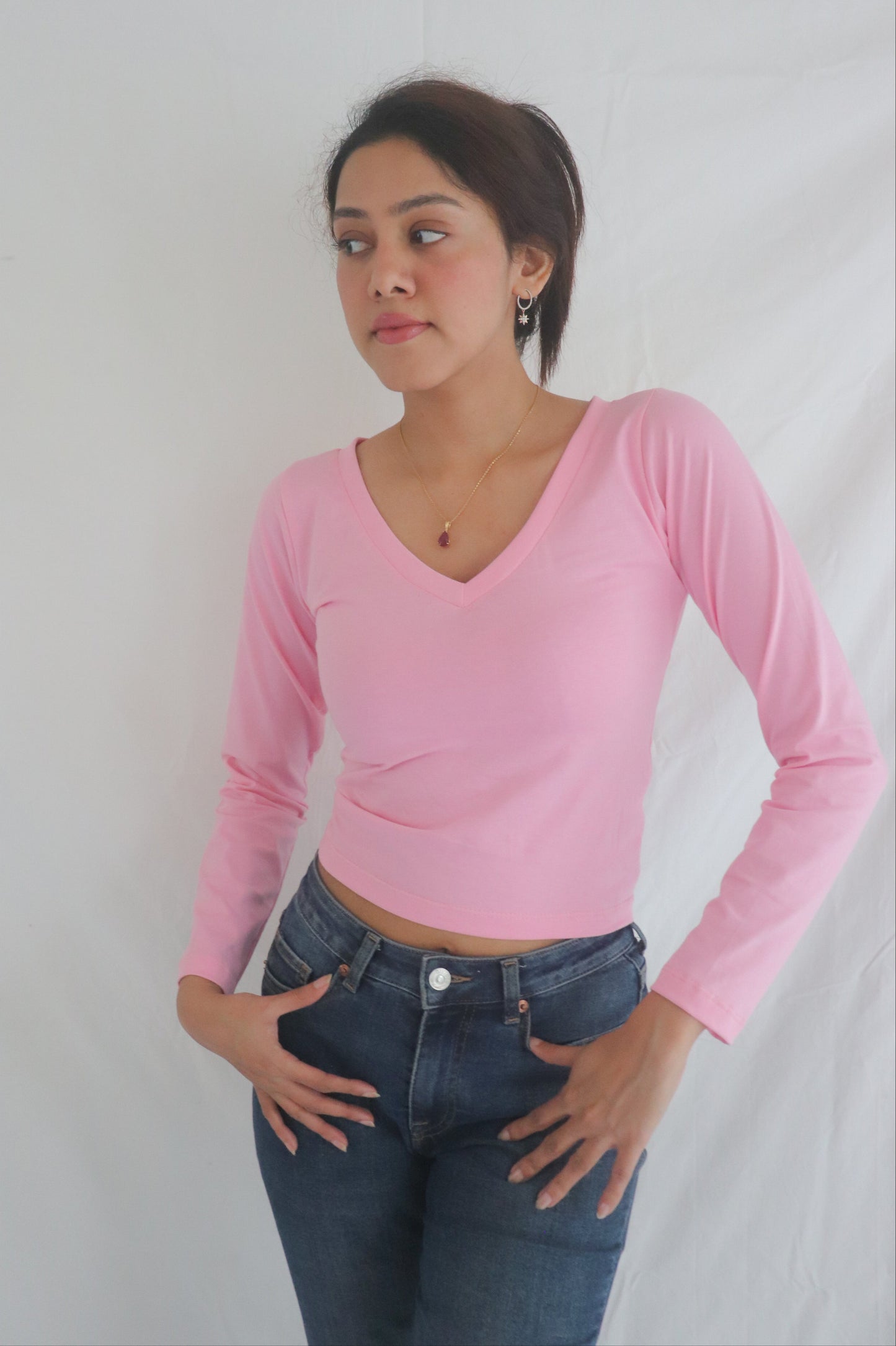 Pink V-Neck Long Sleeve Top