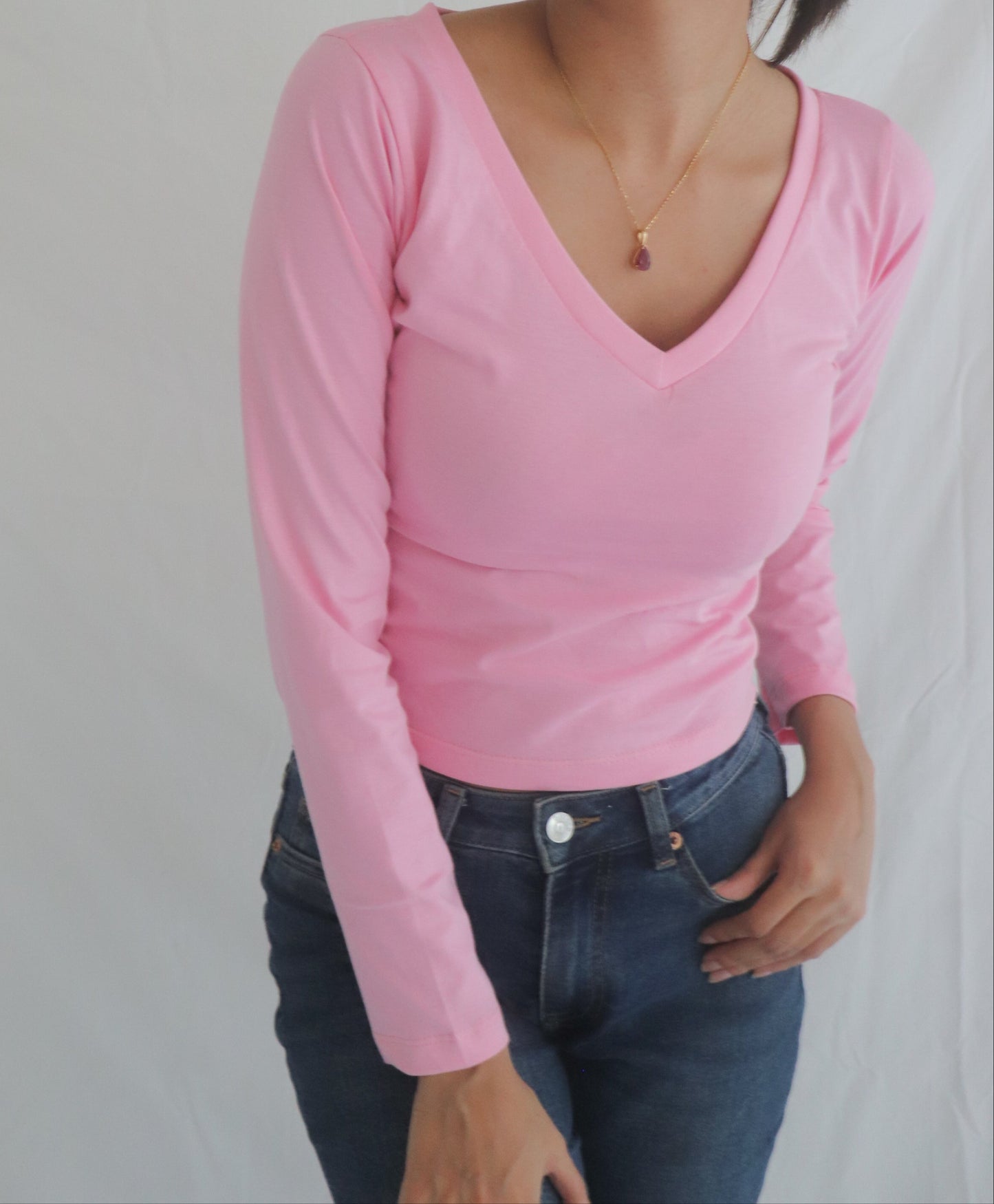 Pink V-Neck Long Sleeve Top