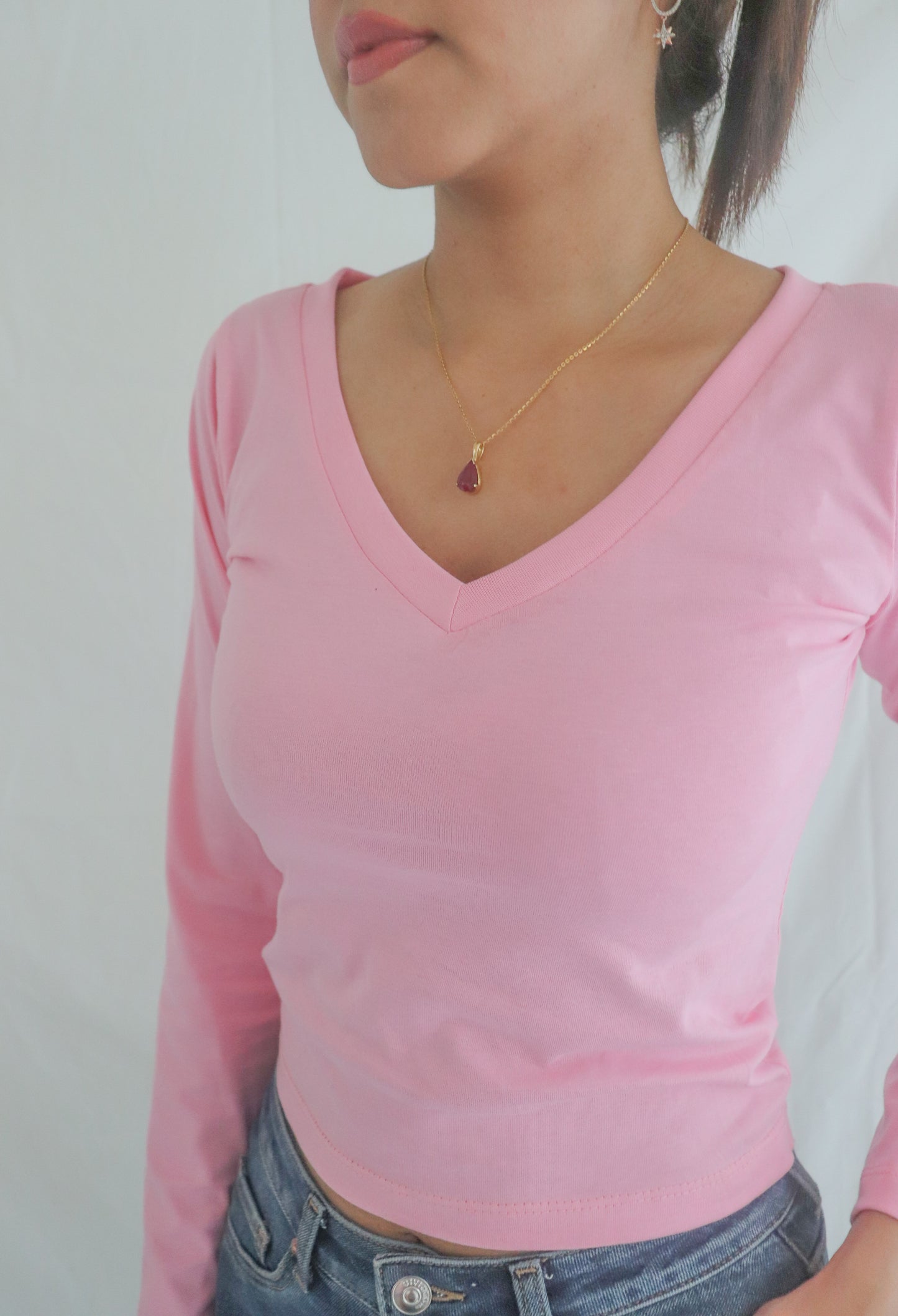 Pink V-Neck Long Sleeve Top