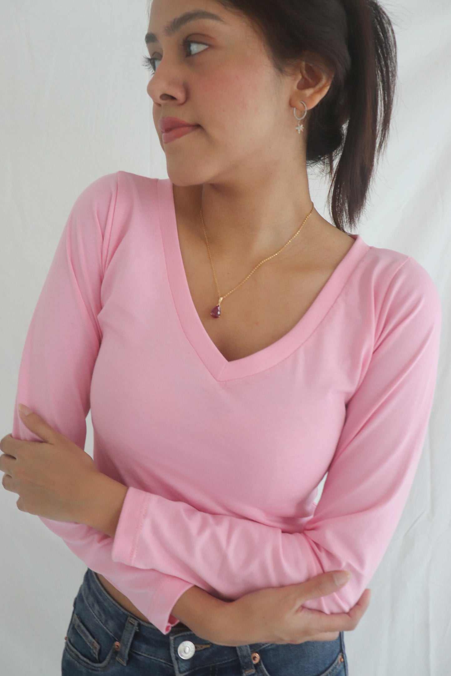 Pink V-Neck Long Sleeve Top