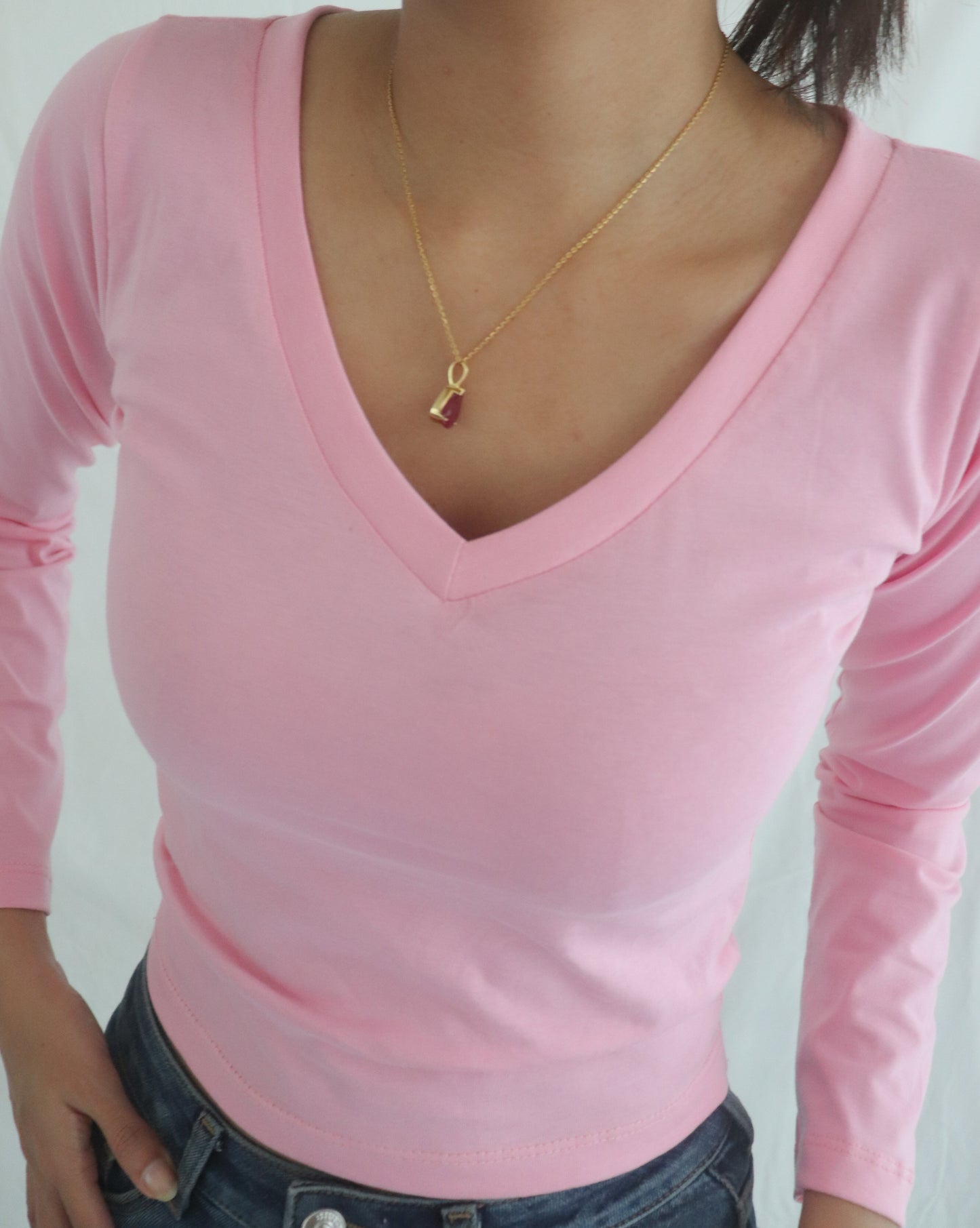 Pink V-Neck Long Sleeve Top