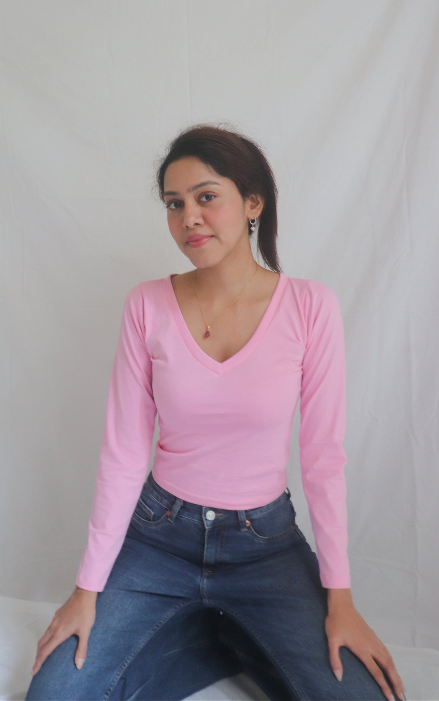 Pink V-Neck Long Sleeve Top