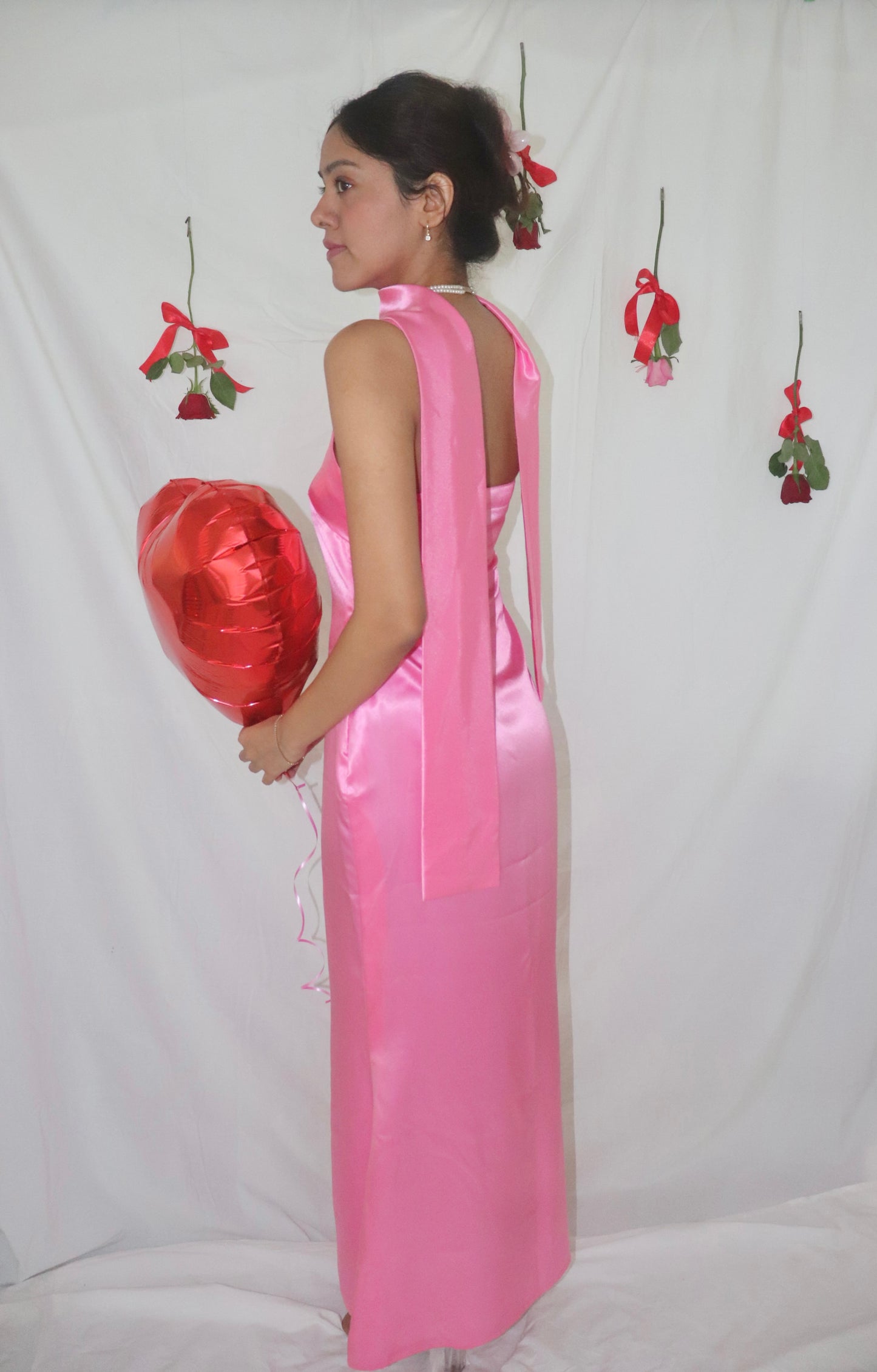 Galentine Dress - Pink Satin Dress with Scarf
