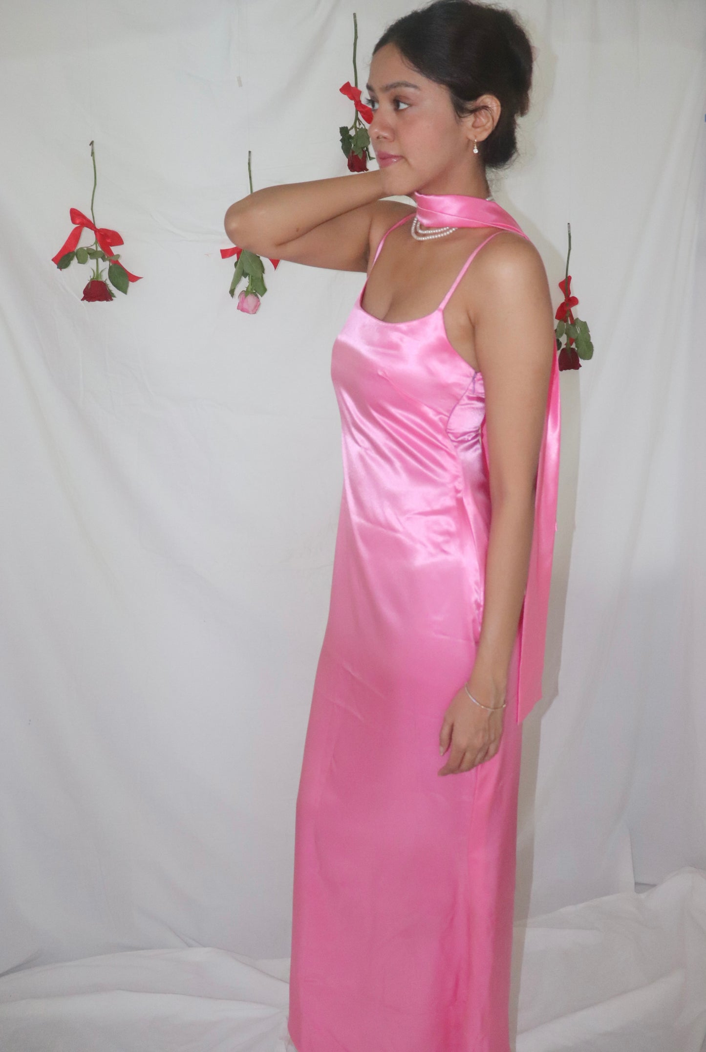 Galentine Dress - Pink Satin Dress with Scarf