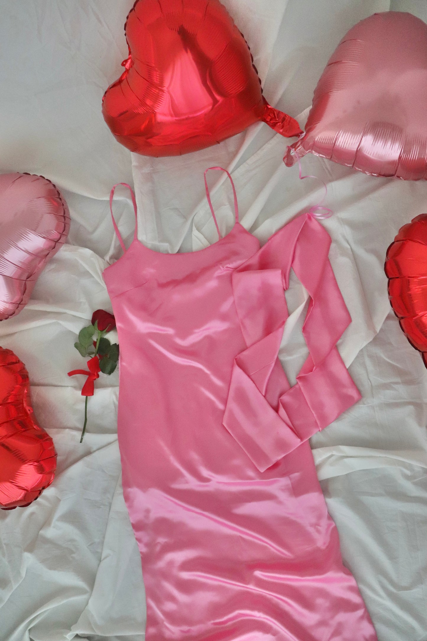 Galentine Dress - Pink Satin Dress with Scarf