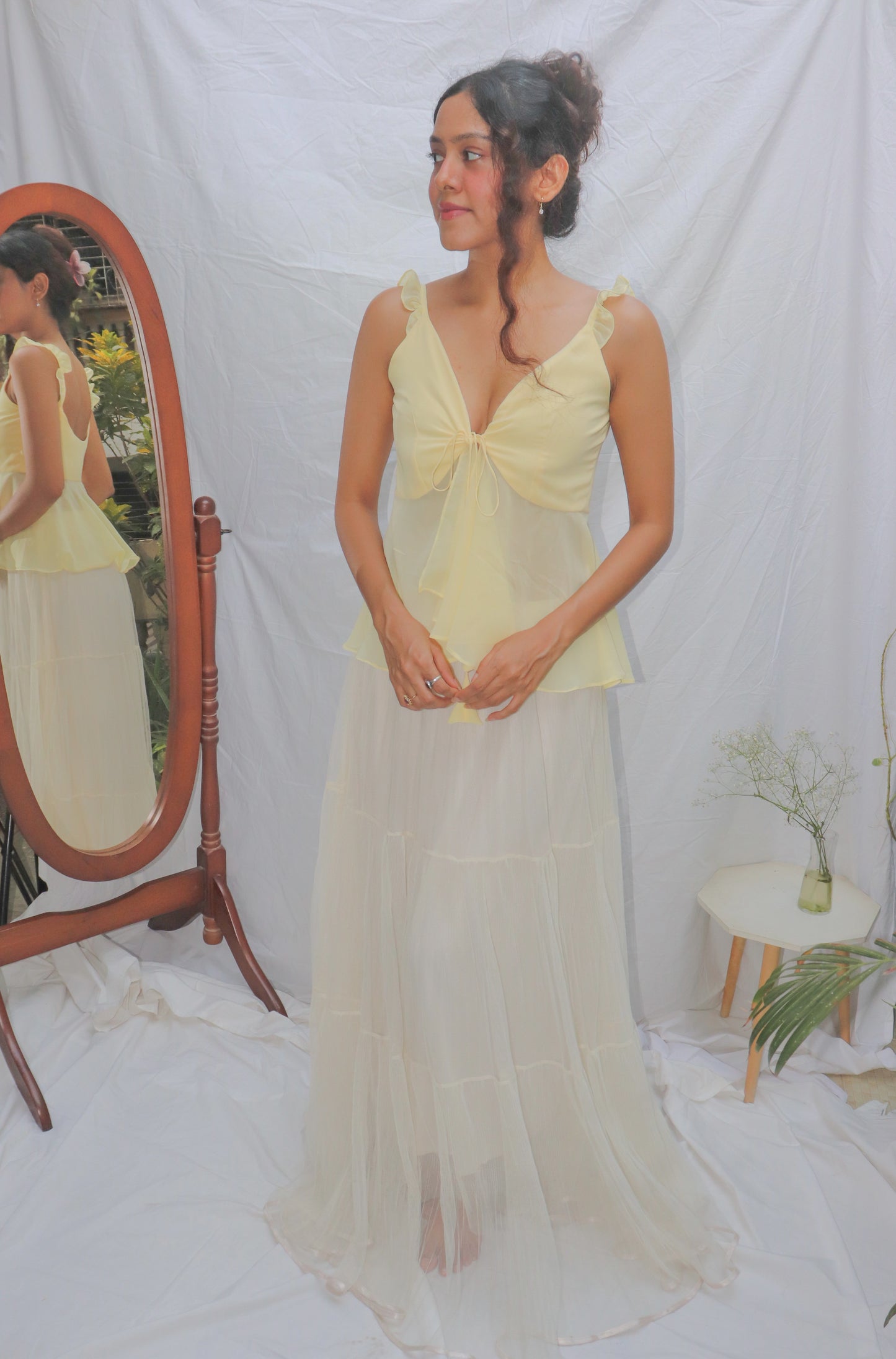 Butter Yellow Top- Yellow V- Neck Front Tie Georgette Top