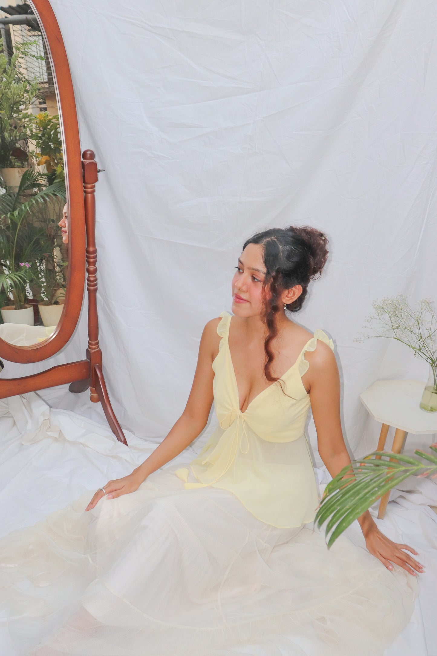 Butter Yellow Top- Yellow V- Neck Front Tie Georgette Top
