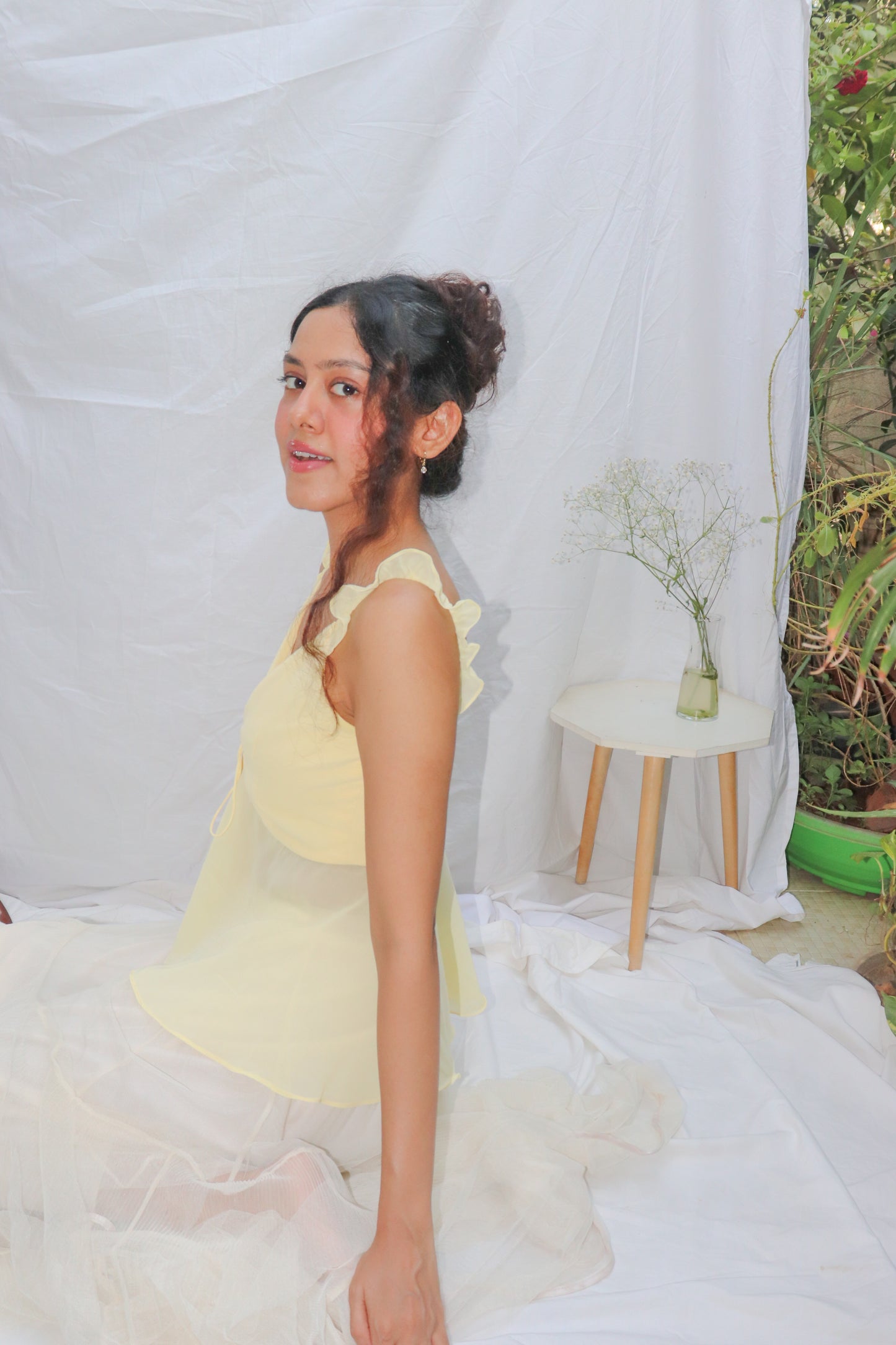 Butter Yellow Top- Yellow V- Neck Front Tie Georgette Top