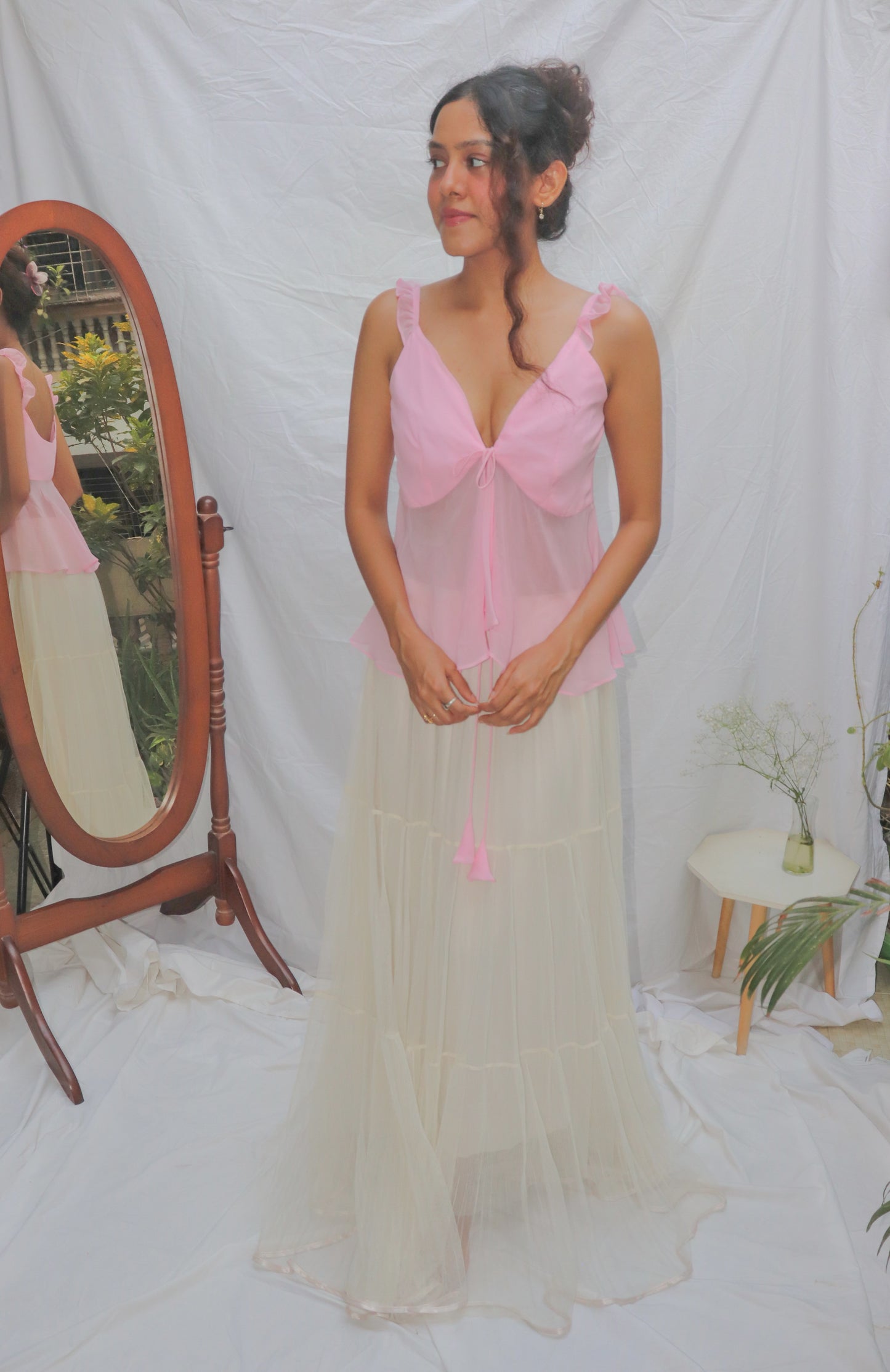 Baby Pink Top- Pink V-Neck Front Tie Georgette Top