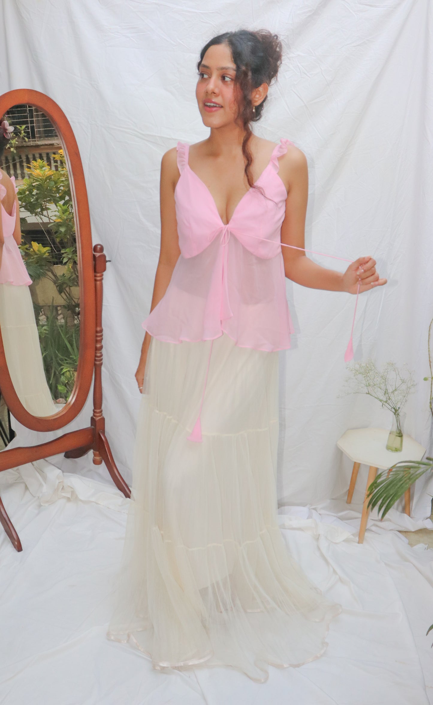 Baby Pink Top- Pink V-Neck Front Tie Georgette Top