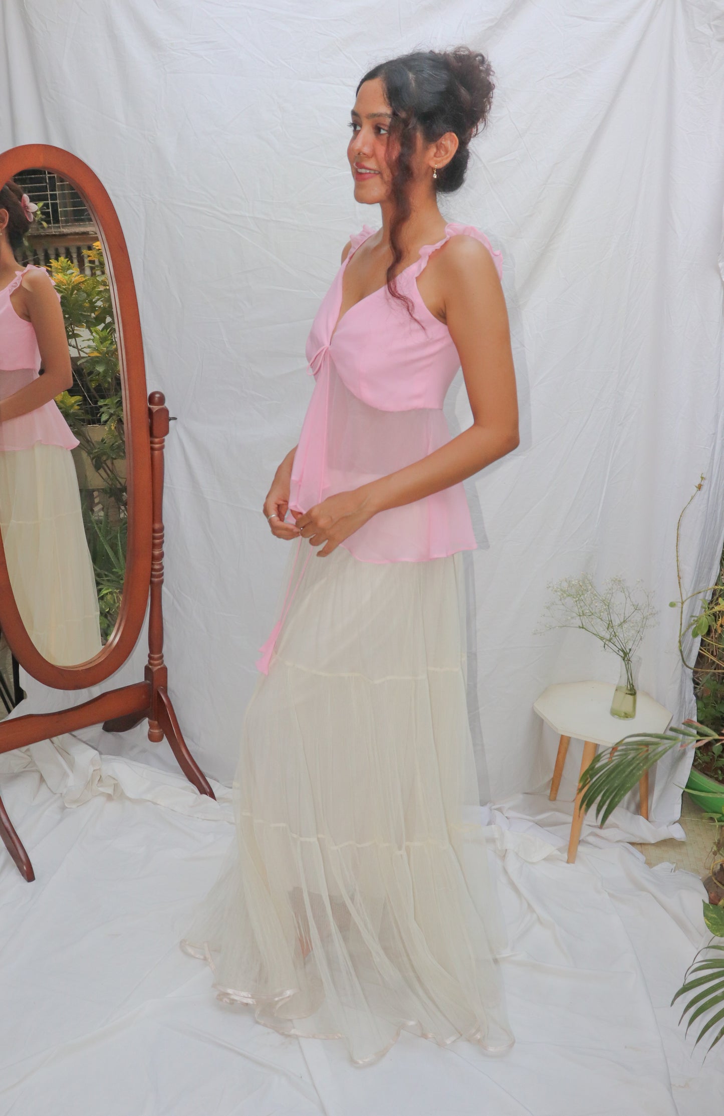 Baby Pink Top- Pink V-Neck Front Tie Georgette Top
