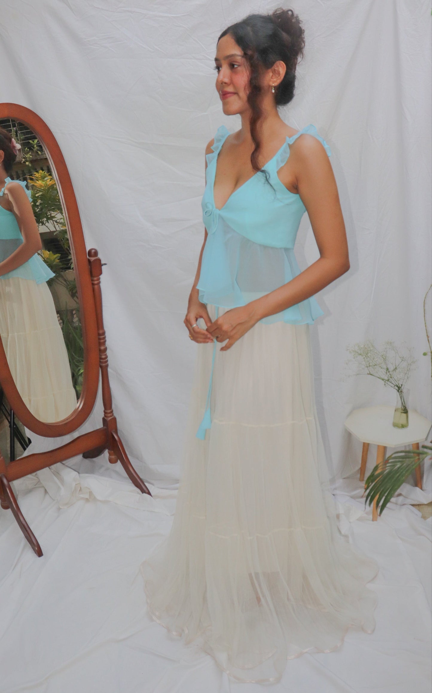 Sky Blue Top- Blue Front Tie V-Neck Georgette Top