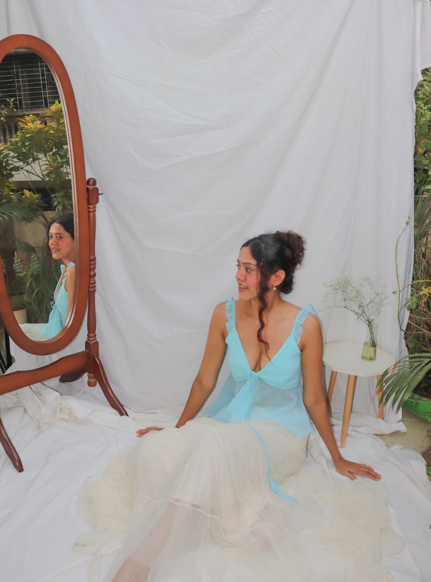 Sky Blue Top- Blue Front Tie V-Neck Georgette Top