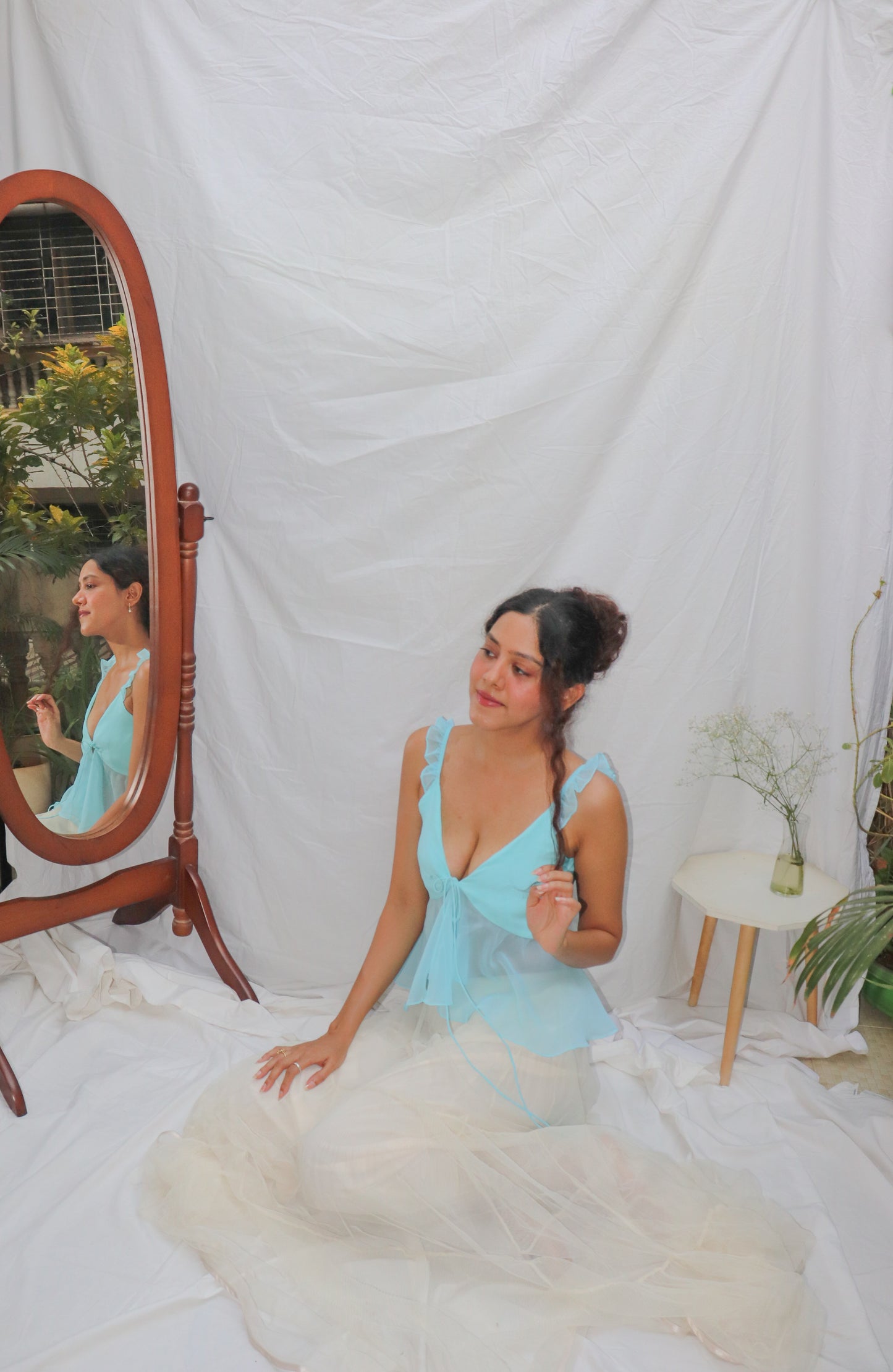 Sky Blue Top- Blue Front Tie V-Neck Georgette Top