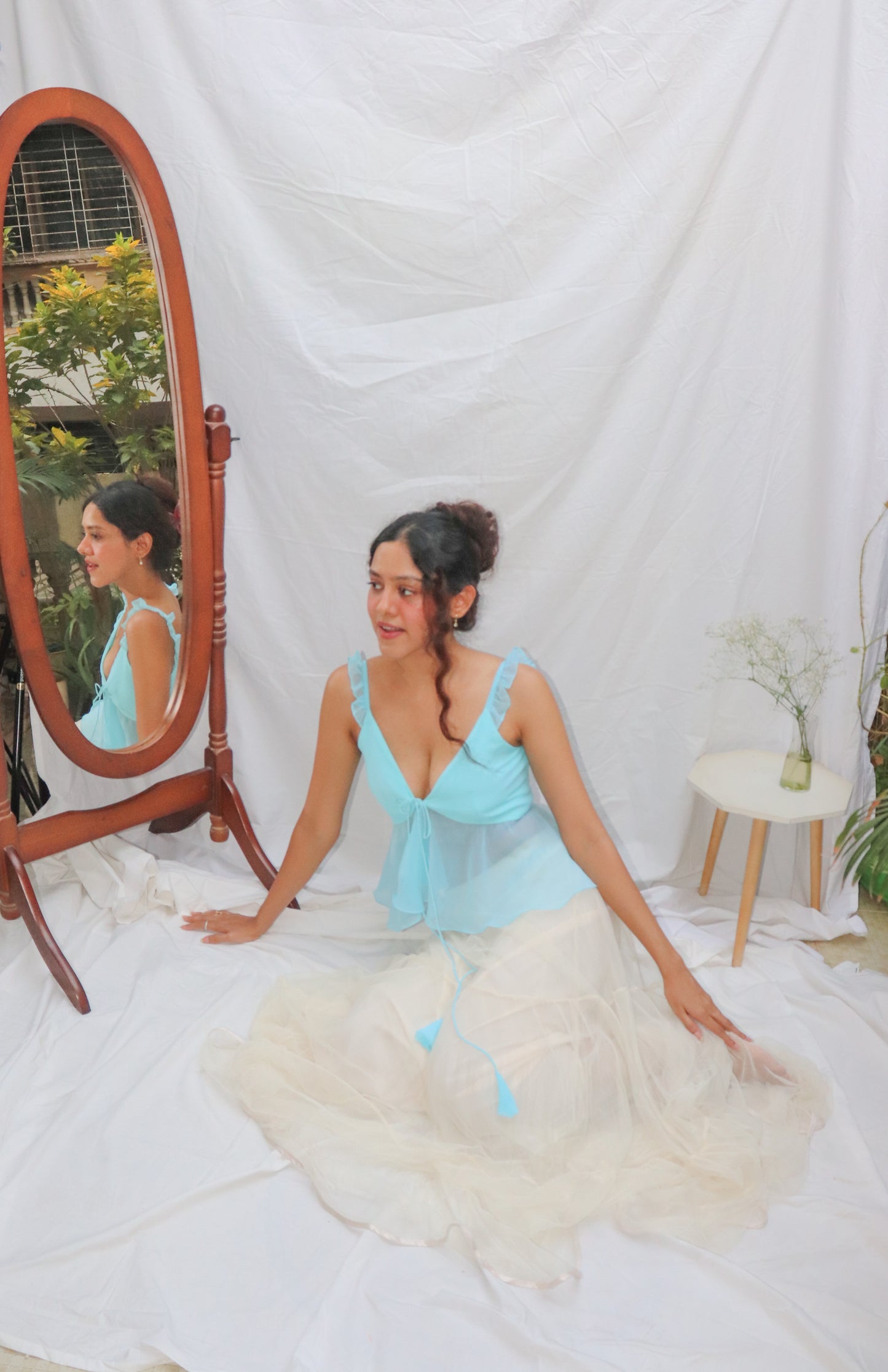 Sky Blue Top- Blue Front Tie V-Neck Georgette Top