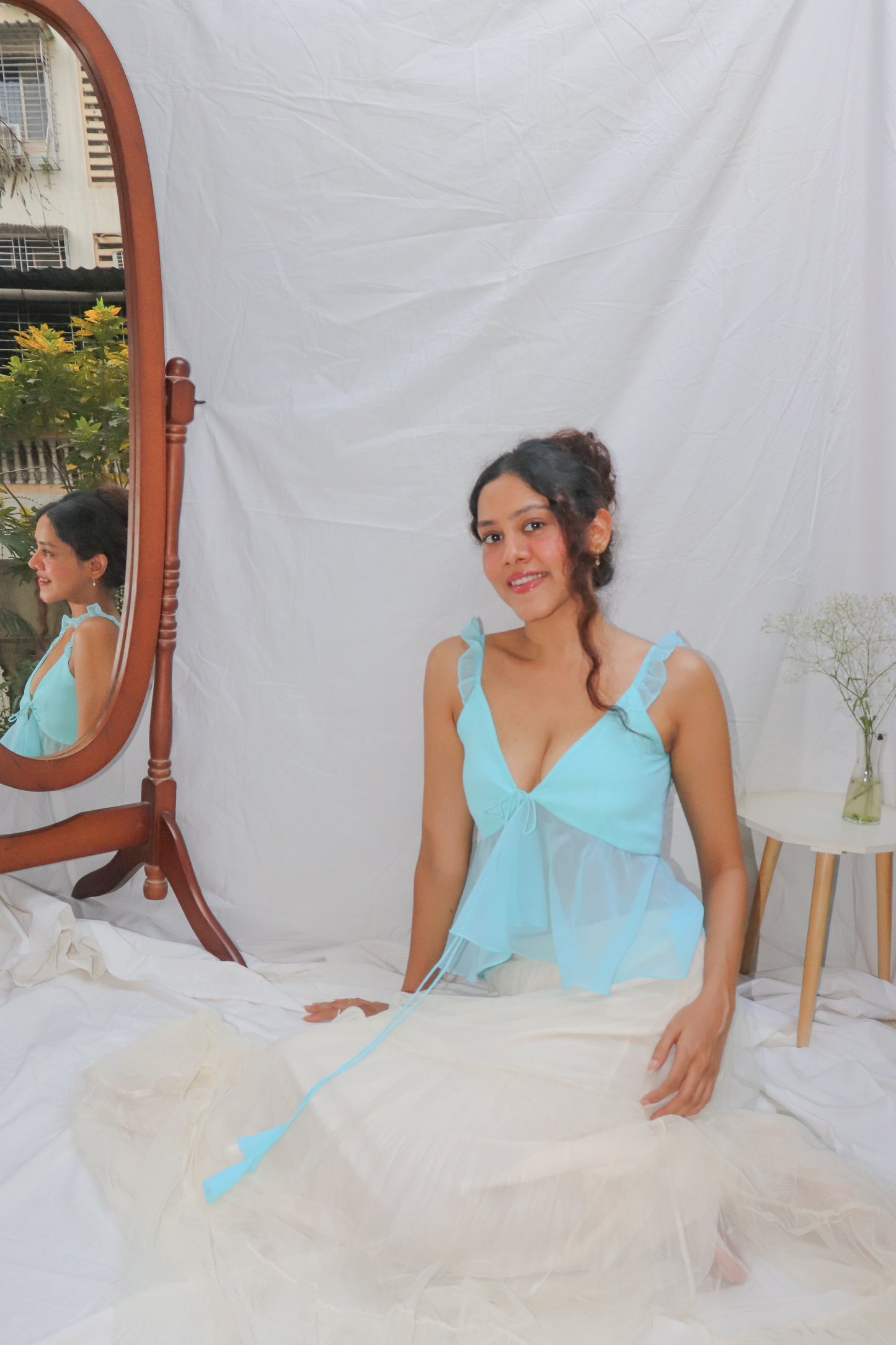 Sky Blue Top- Blue Front Tie V-Neck Georgette Top