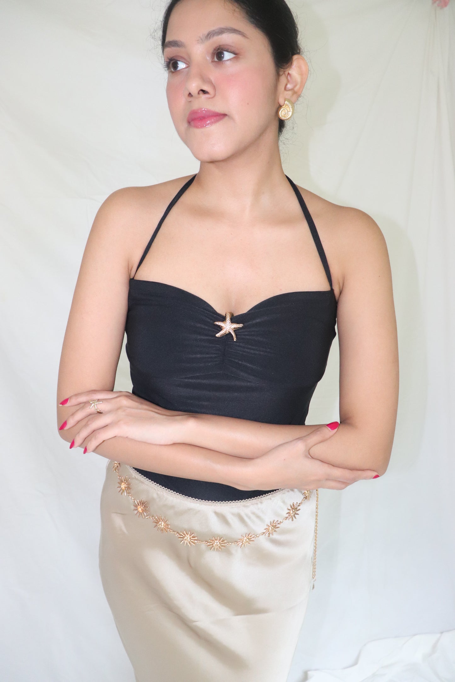 Black Mermaid Top - Tube Top with Halter Straps Starfish Metal Detail