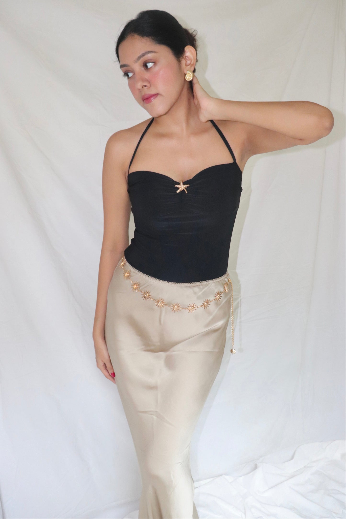 Black Mermaid Top - Tube Top with Halter Straps Starfish Metal Detail