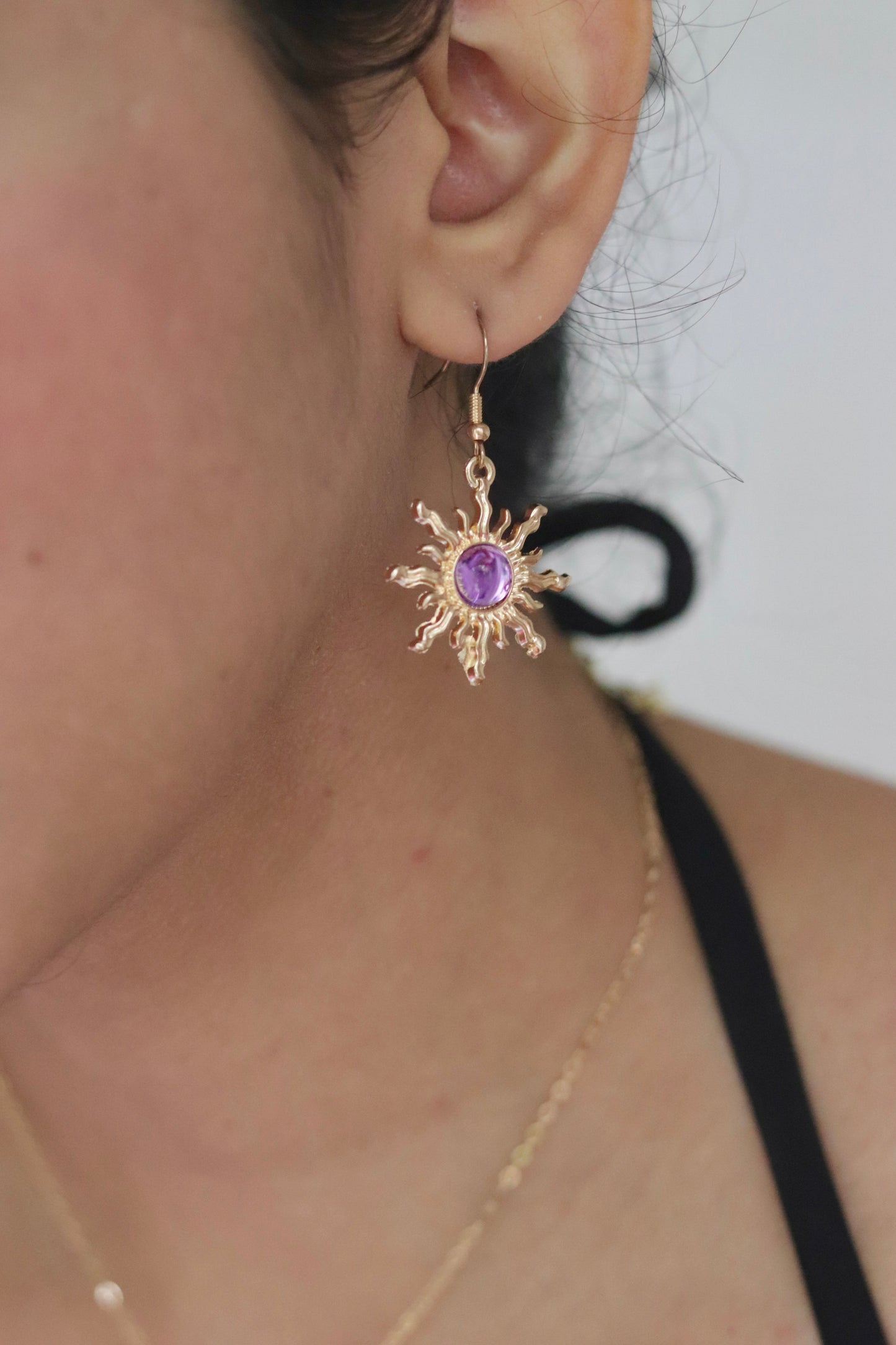 Gold Purple Stone Sun Earrings