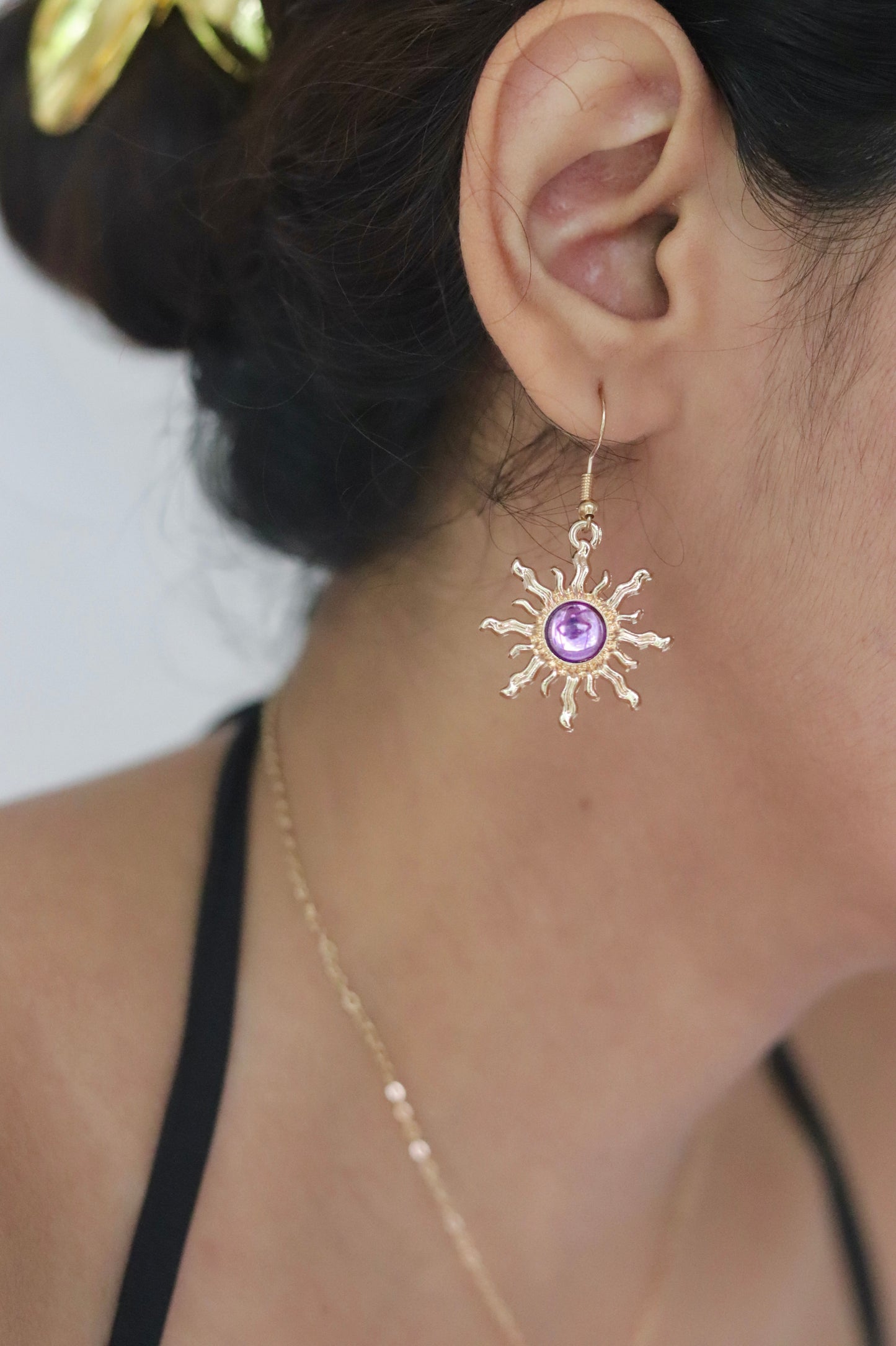 Gold Purple Stone Sun Earrings