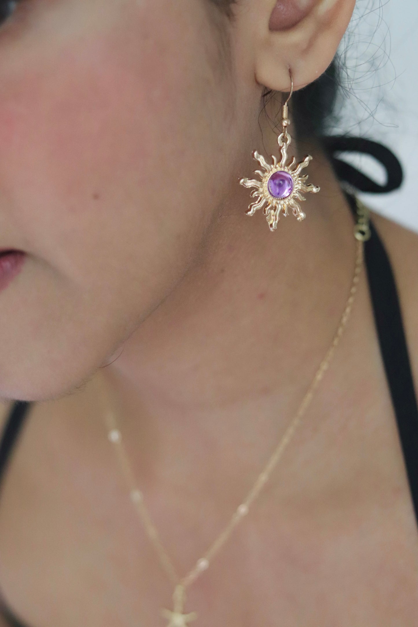 Gold Purple Stone Sun Earrings