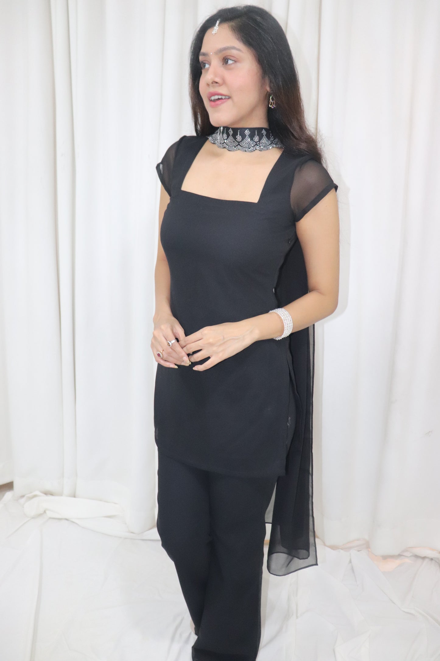 Tara Kurti Set- black kurti & pant set with embellished dupatta