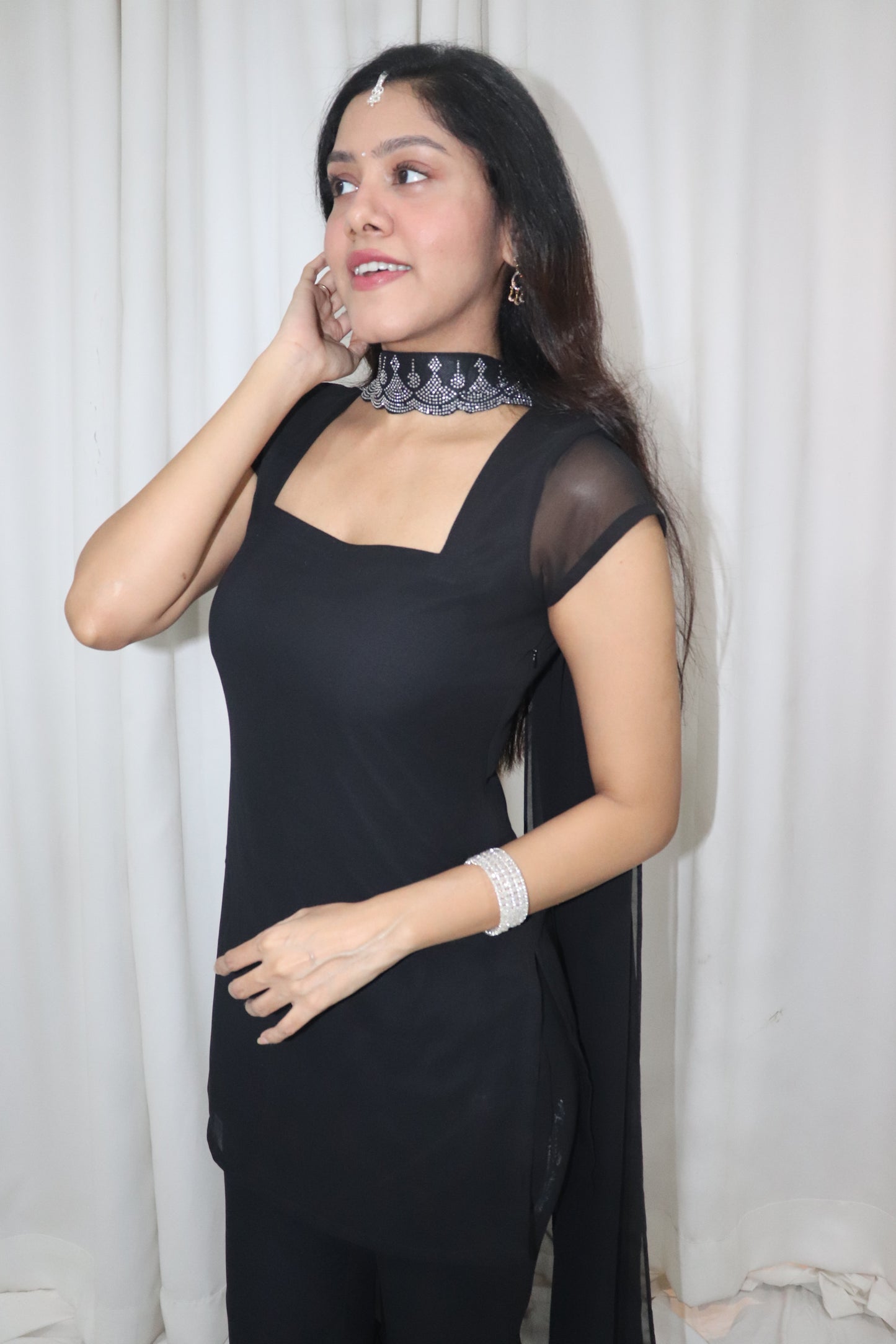 Tara Kurti Set- black kurti & pant set with embellished dupatta