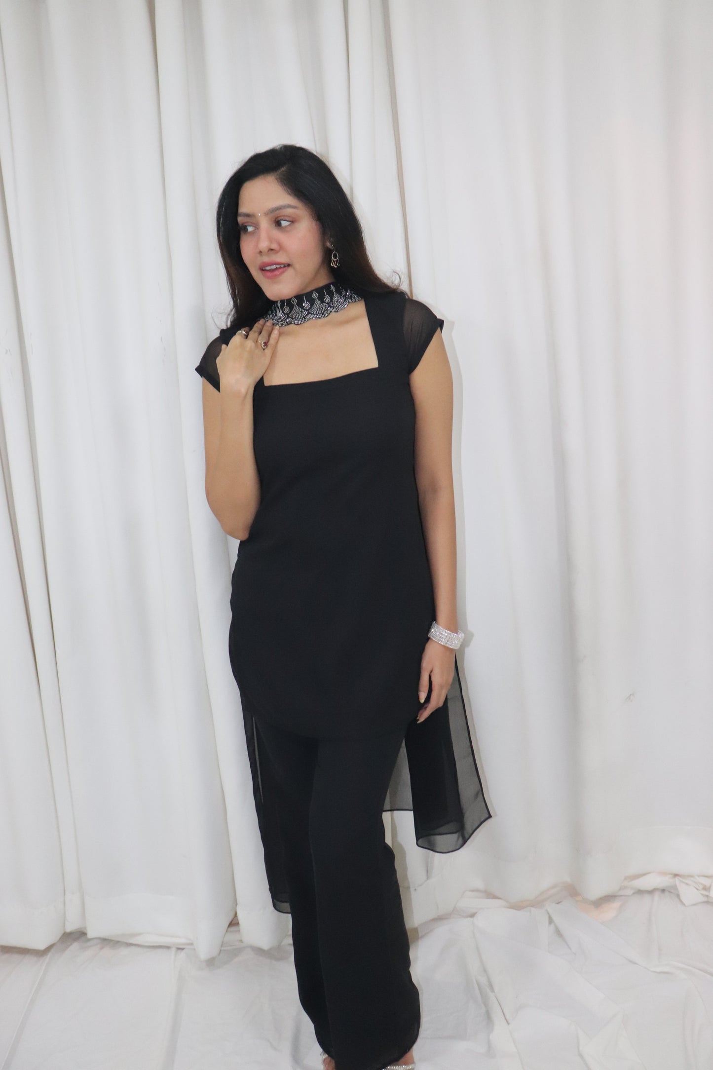 Tara Kurti Set- black kurti & pant set with embellished dupatta