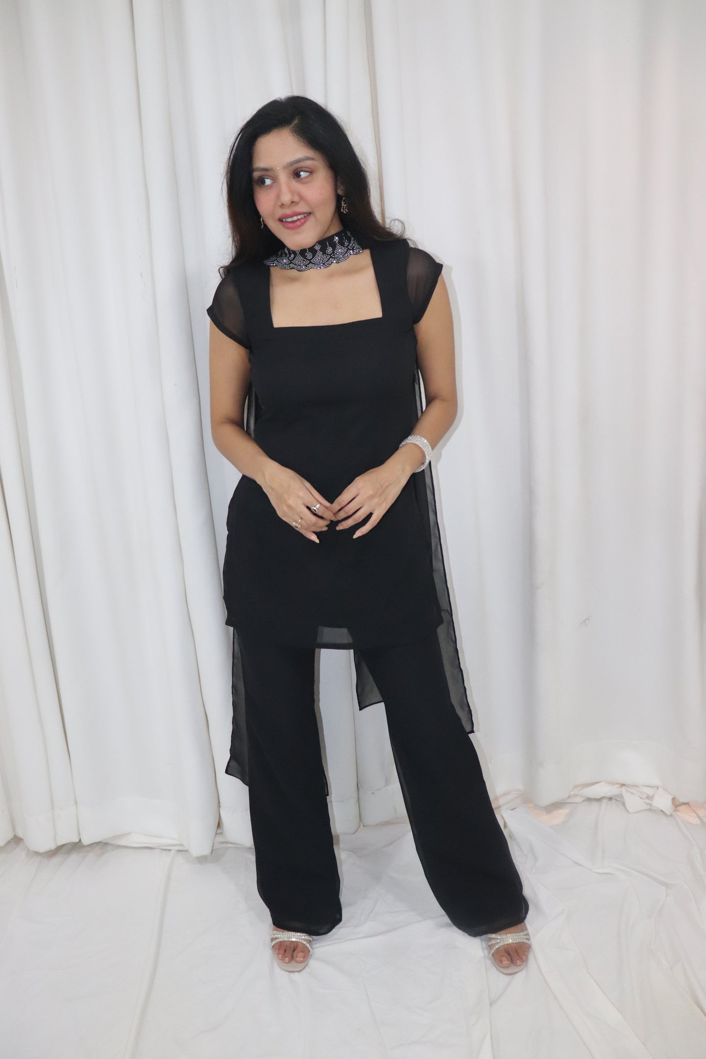 Tara Kurti Set- black kurti & pant set with embellished dupatta