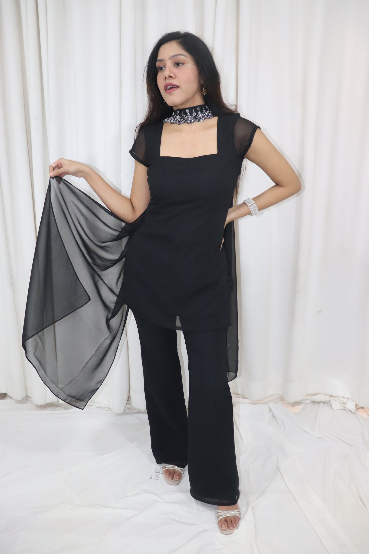 Tara Kurti Set- black kurti & pant set with embellished dupatta