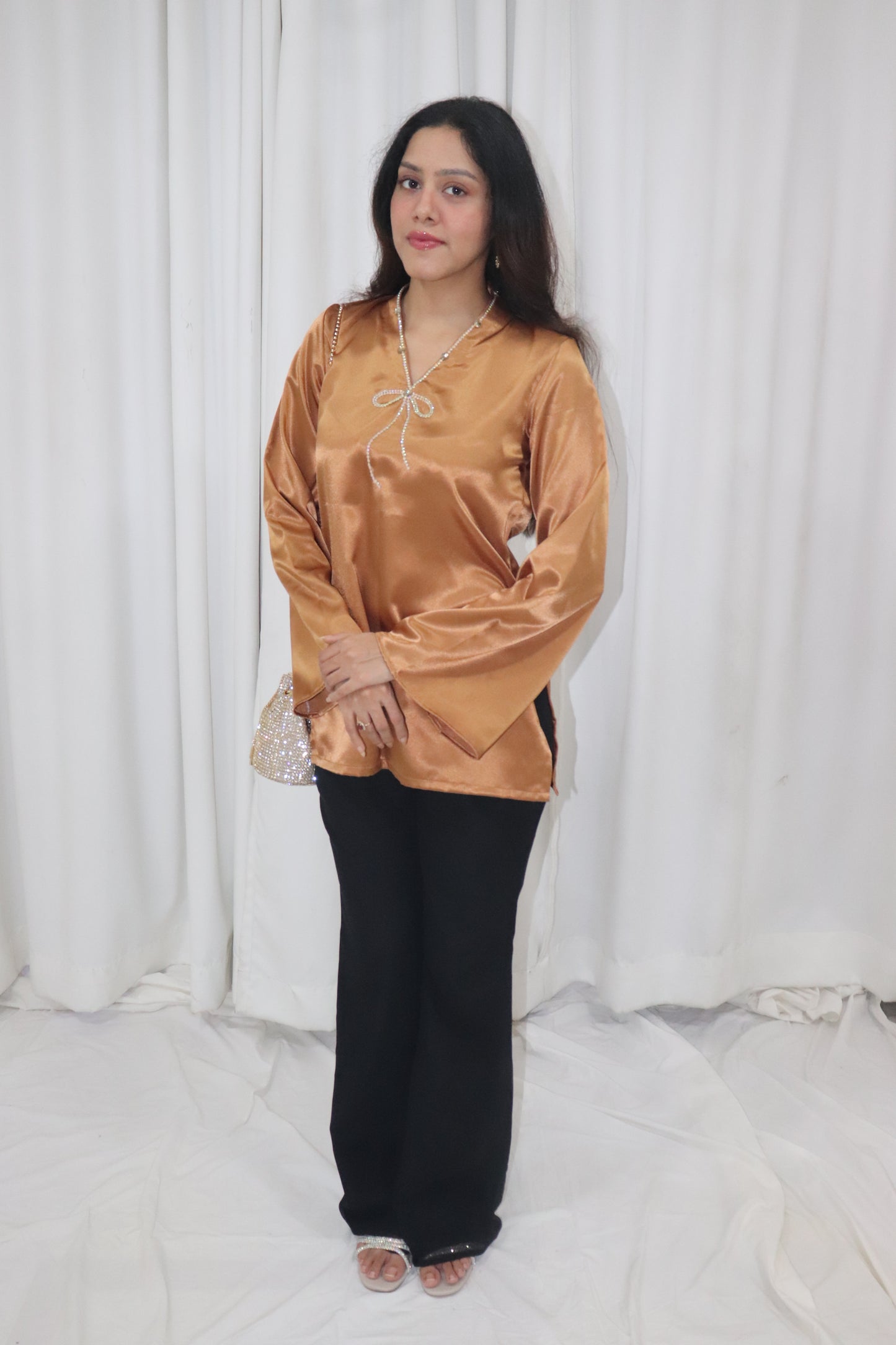 Haseena Kurti- golden short satin kurti with bow embroidery