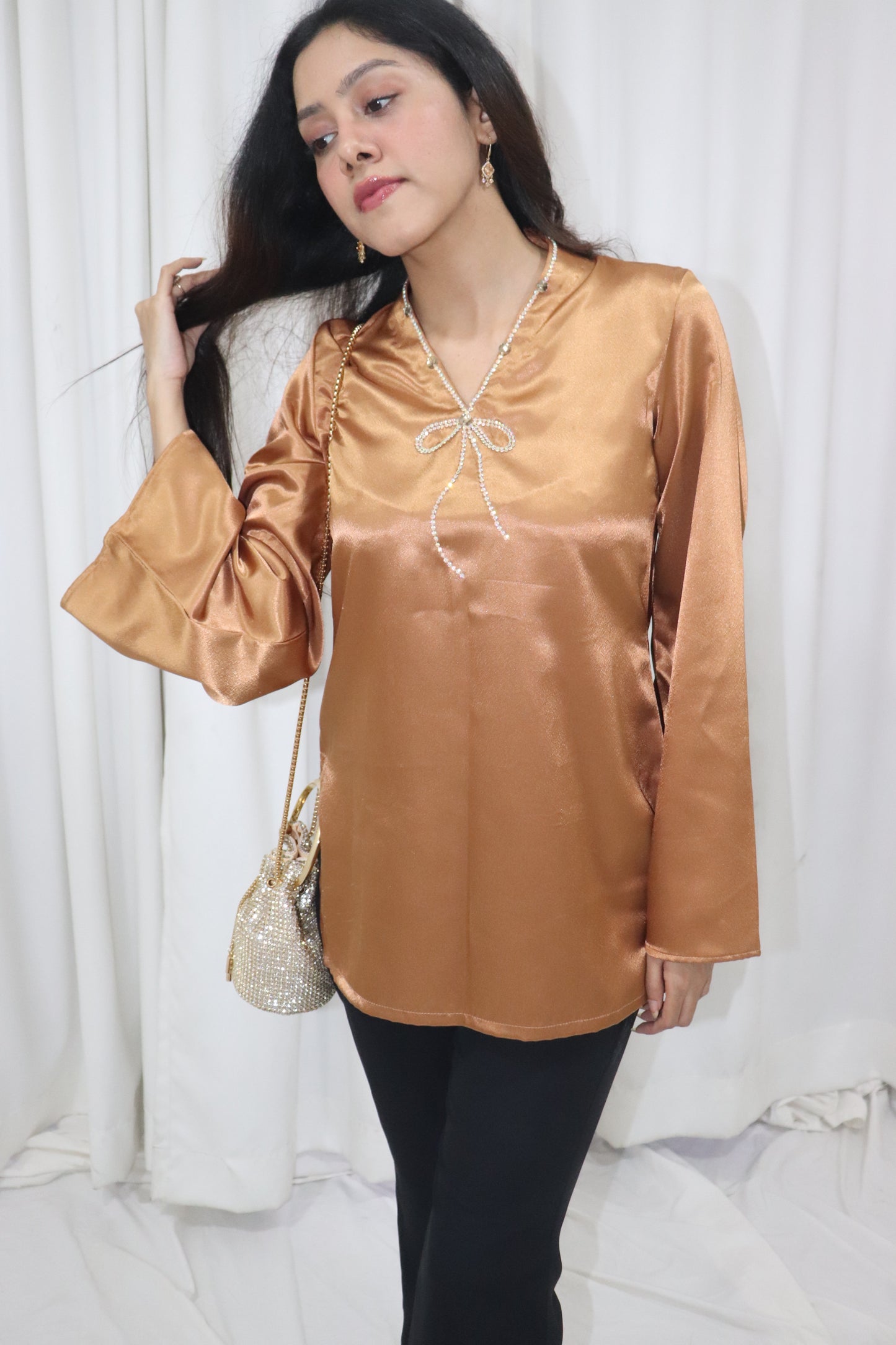 Haseena Kurti- golden short satin kurti with bow embroidery