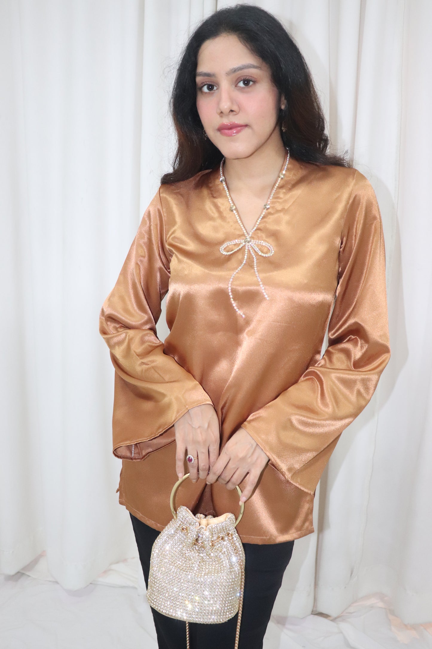 Haseena Kurti- golden short satin kurti with bow embroidery