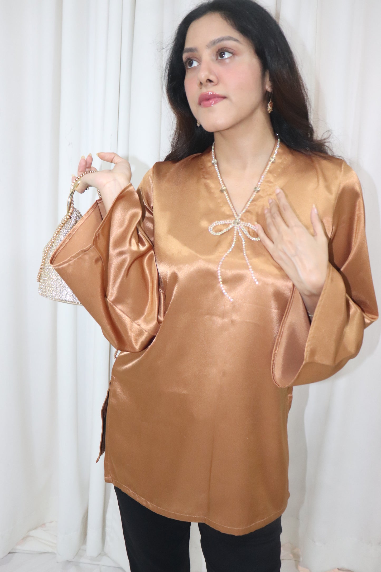 Haseena Kurti- golden short satin kurti with bow embroidery