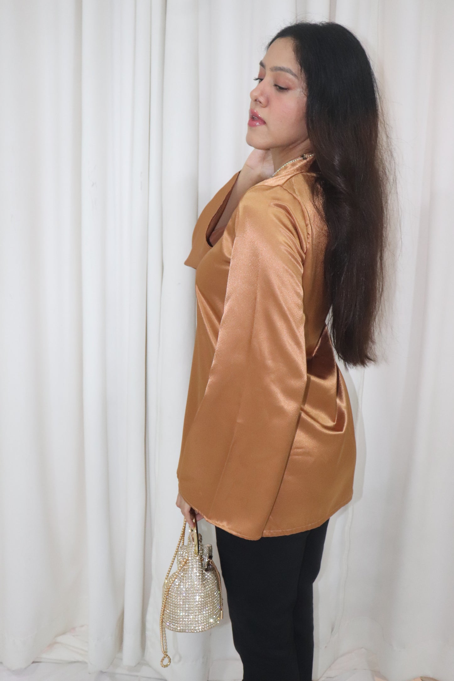 Haseena Kurti- golden short satin kurti with bow embroidery