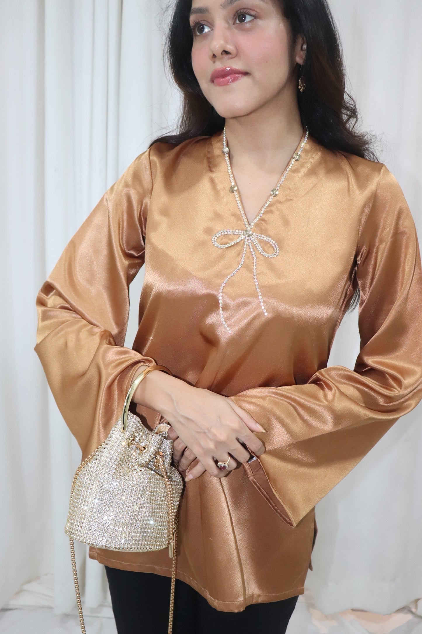 Haseena Kurti- golden short satin kurti with bow embroidery