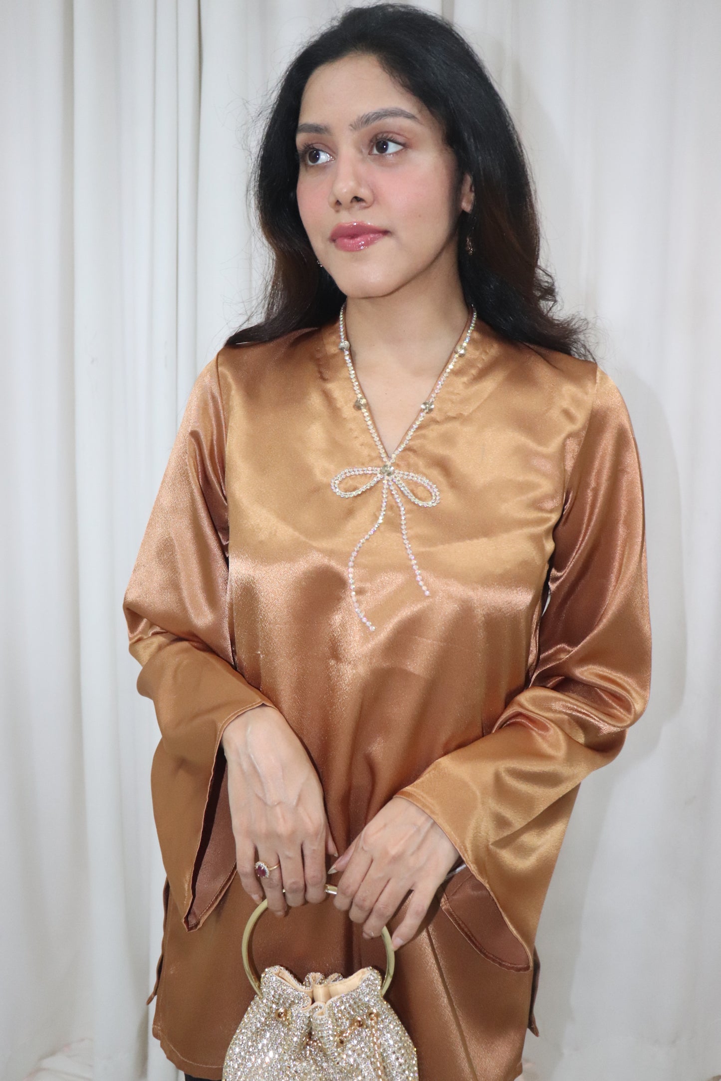 Haseena Kurti- golden short satin kurti with bow embroidery