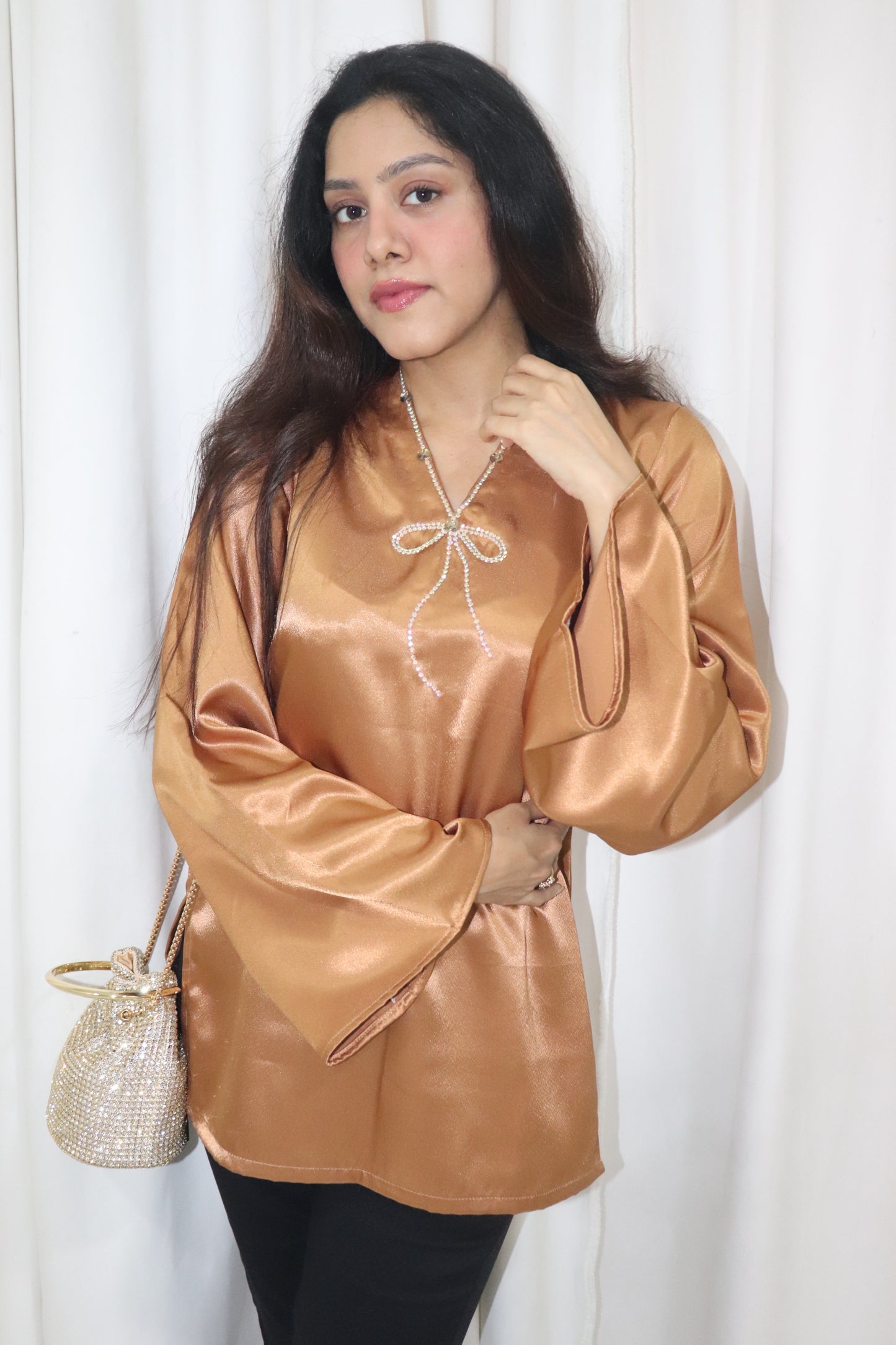 Haseena Kurti- golden short satin kurti with bow embroidery