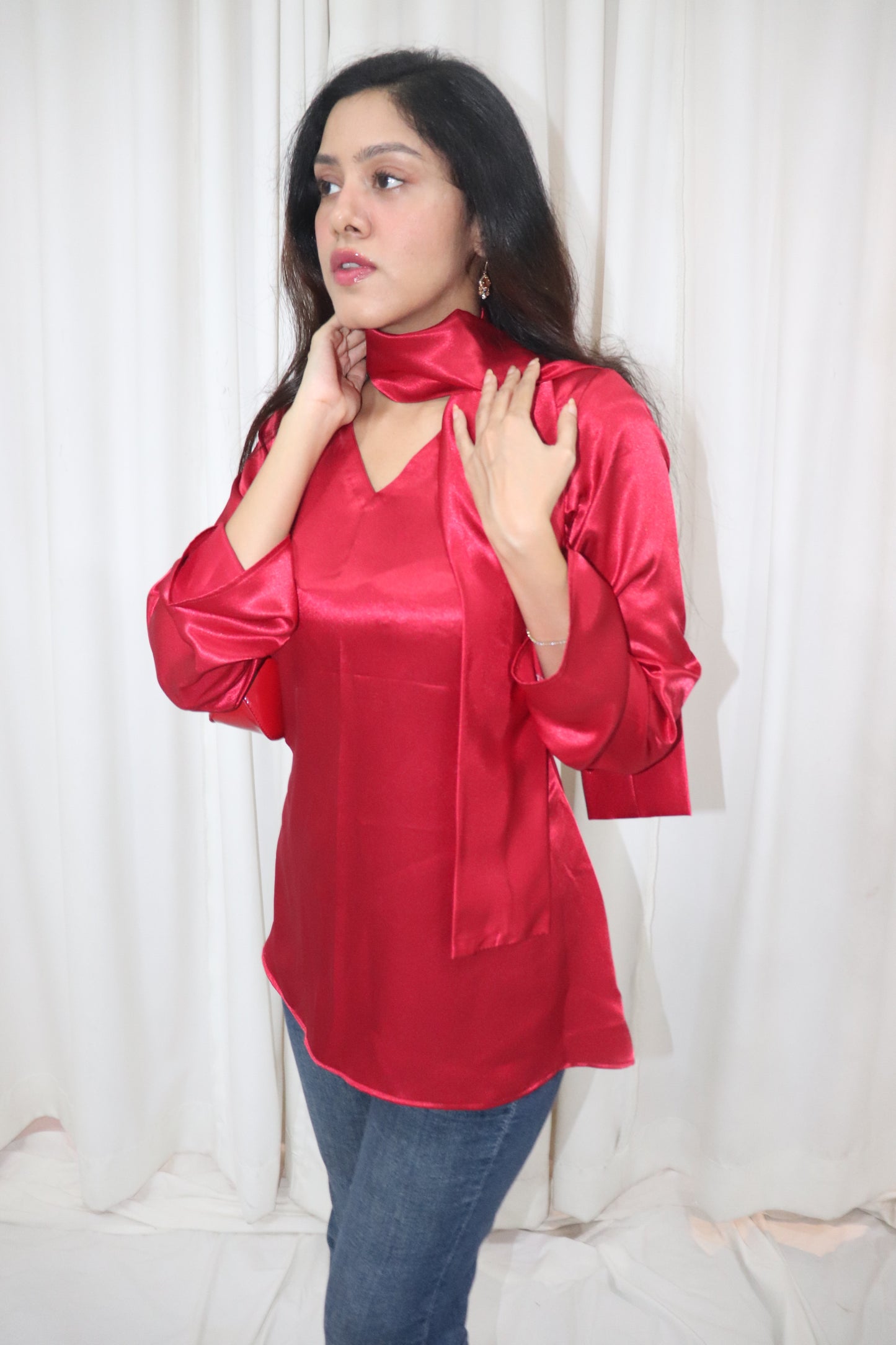 Dilruba Kurti- red satin short kurti with scarf