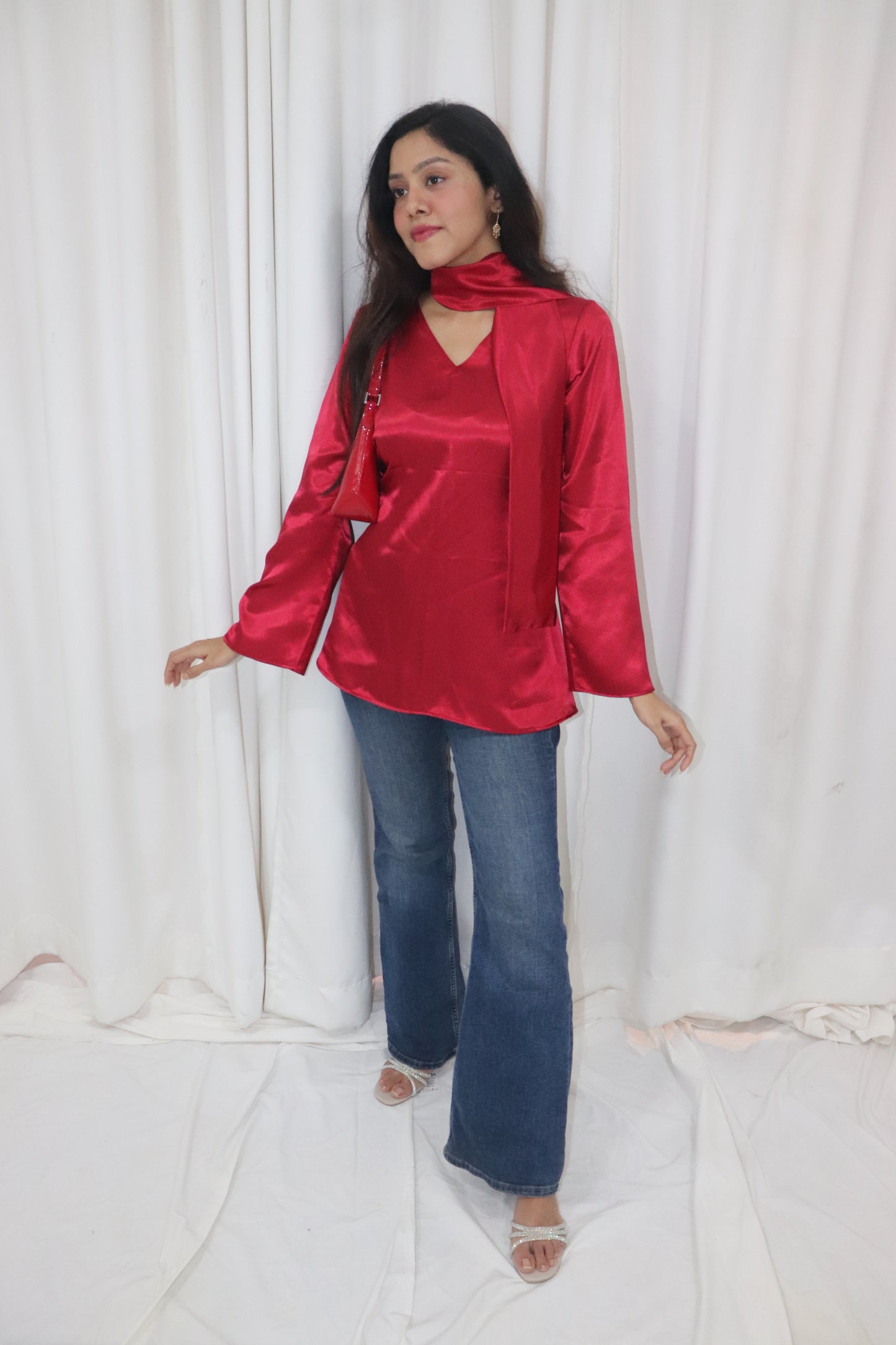 Dilruba Kurti- red satin short kurti with scarf