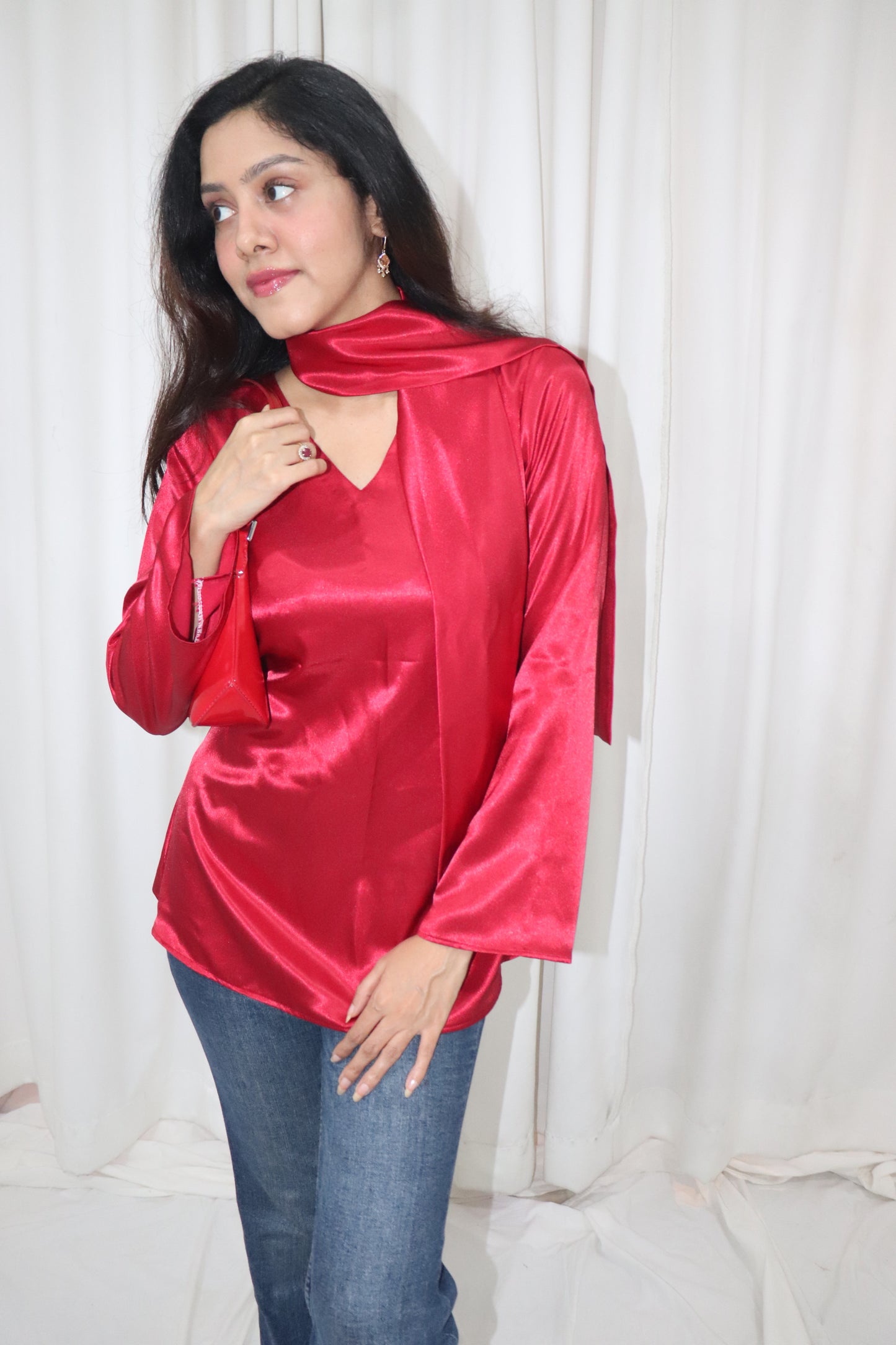 Dilruba Kurti- red satin short kurti with scarf