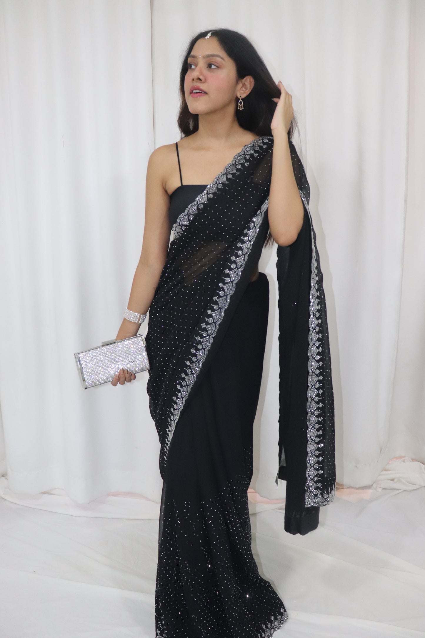 Chandni Saree- black georgette embellished saree with strappy blouse