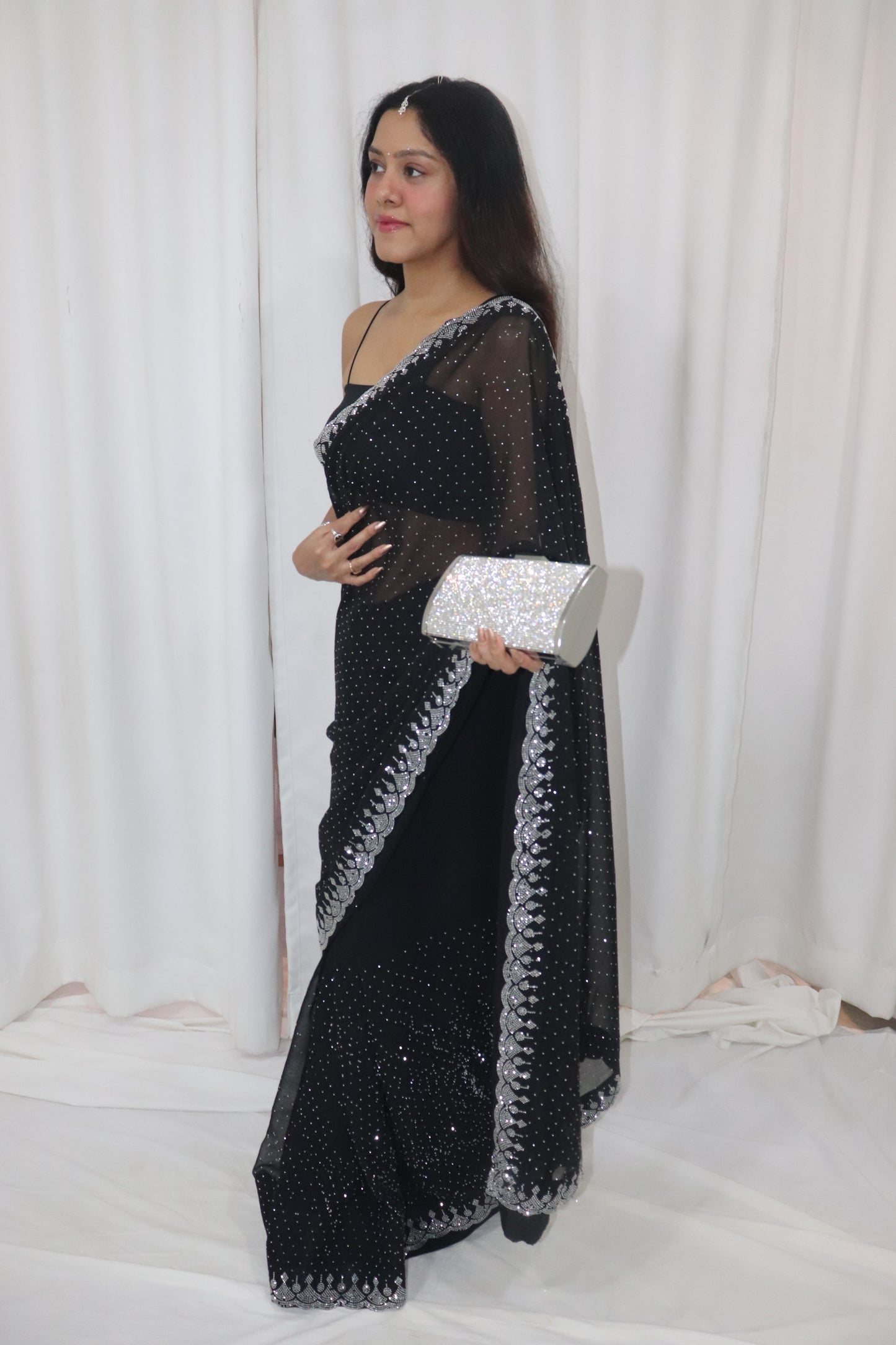 Chandni Saree- black georgette embellished saree with strappy blouse