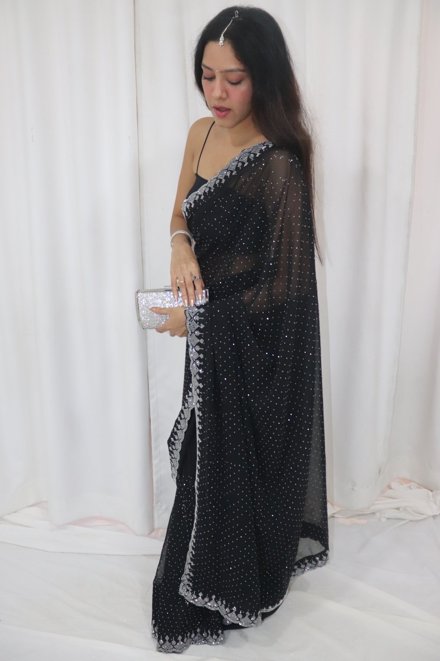 Chandni Saree- black georgette embellished saree with strappy blouse