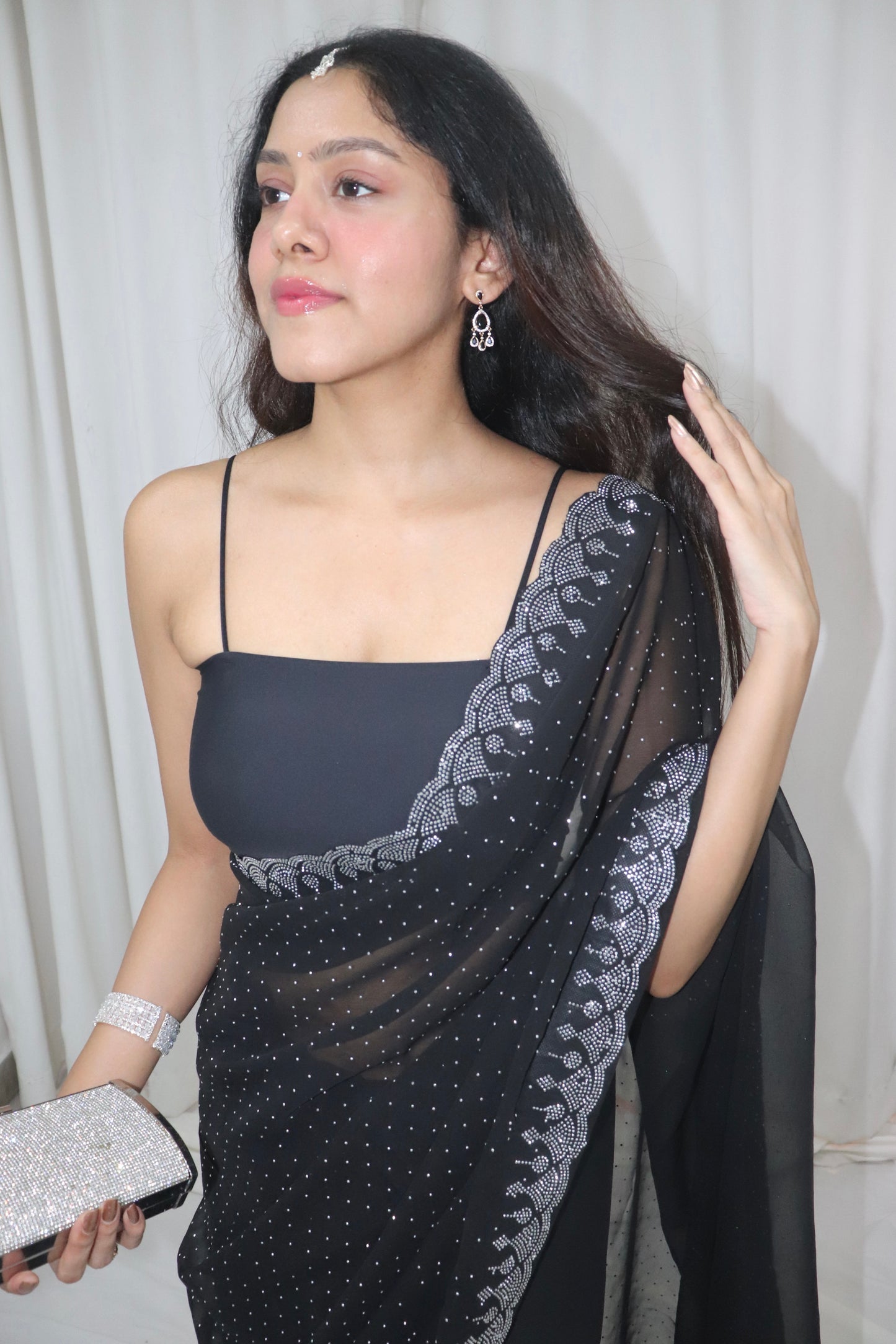 Chandni Saree- black georgette embellished saree with strappy blouse