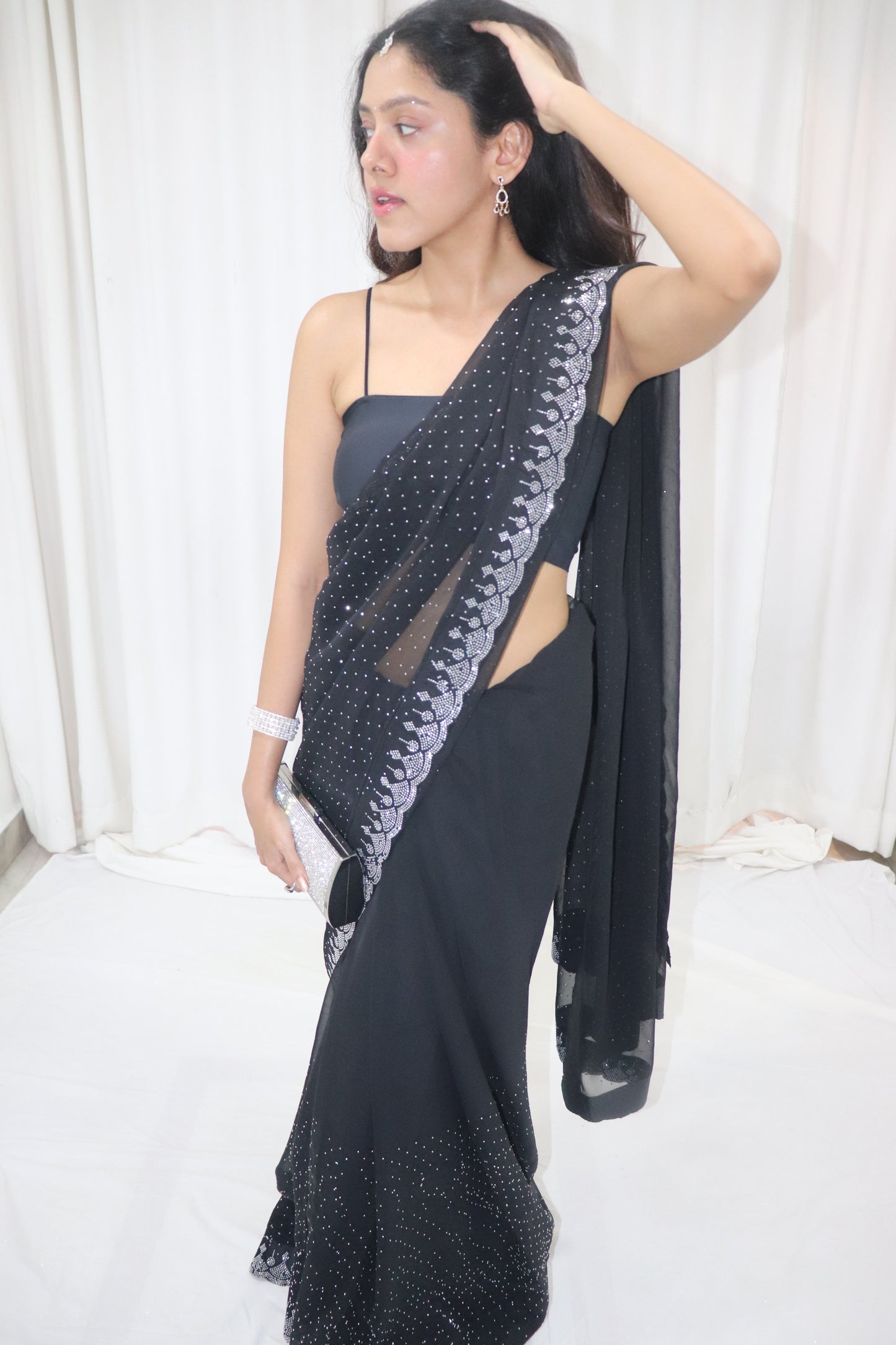 Chandni Saree- black georgette embellished saree with strappy blouse